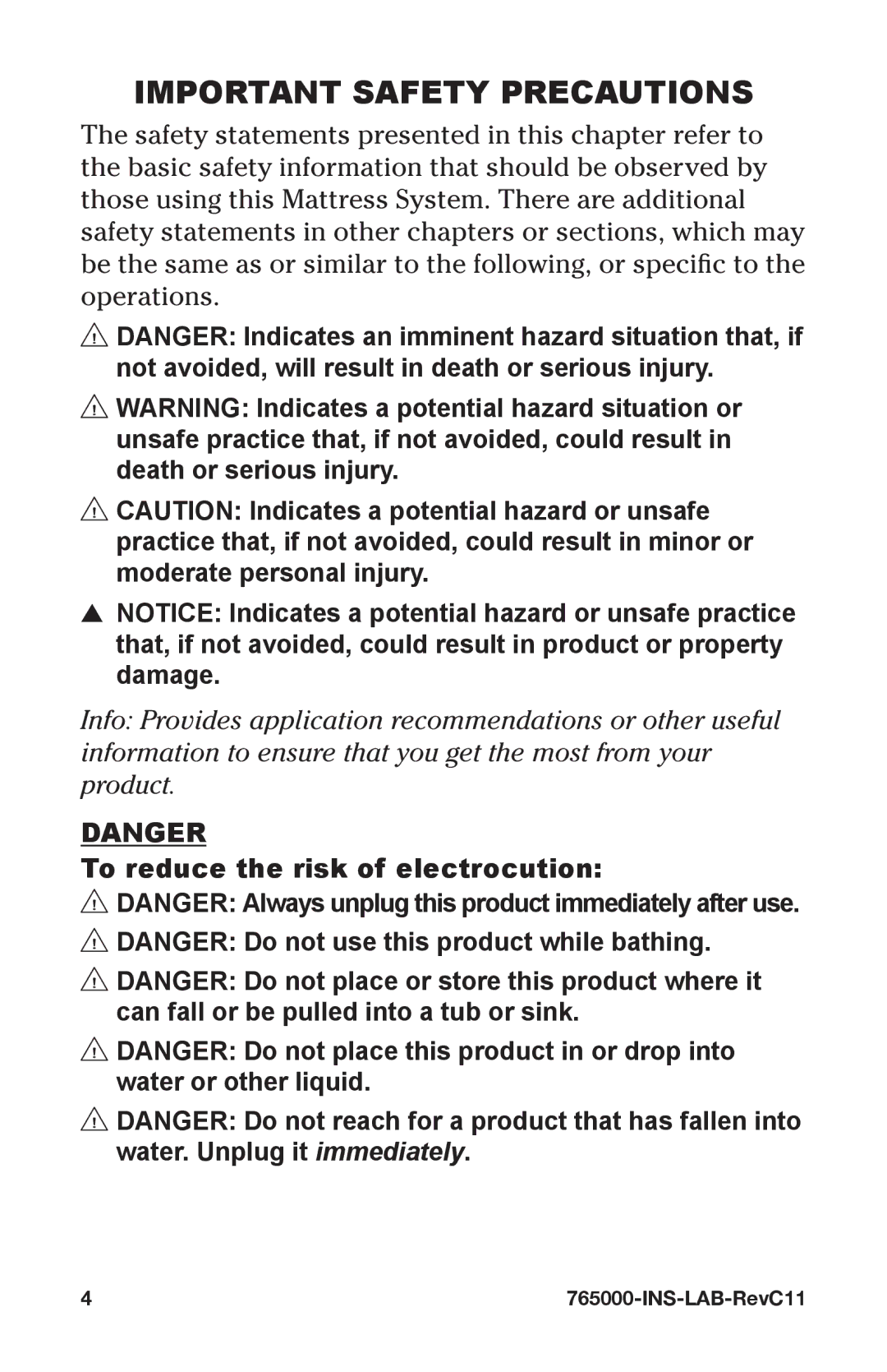 Graham Field 765000 user manual Important Safety Precautions, To reduce the risk of electrocution 