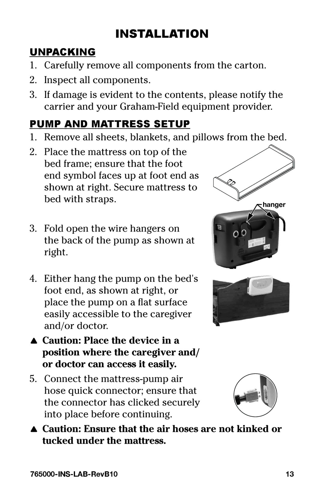 Graham Field 765000 user manual Installation, Unpacking, Pump and Mattress Setup 