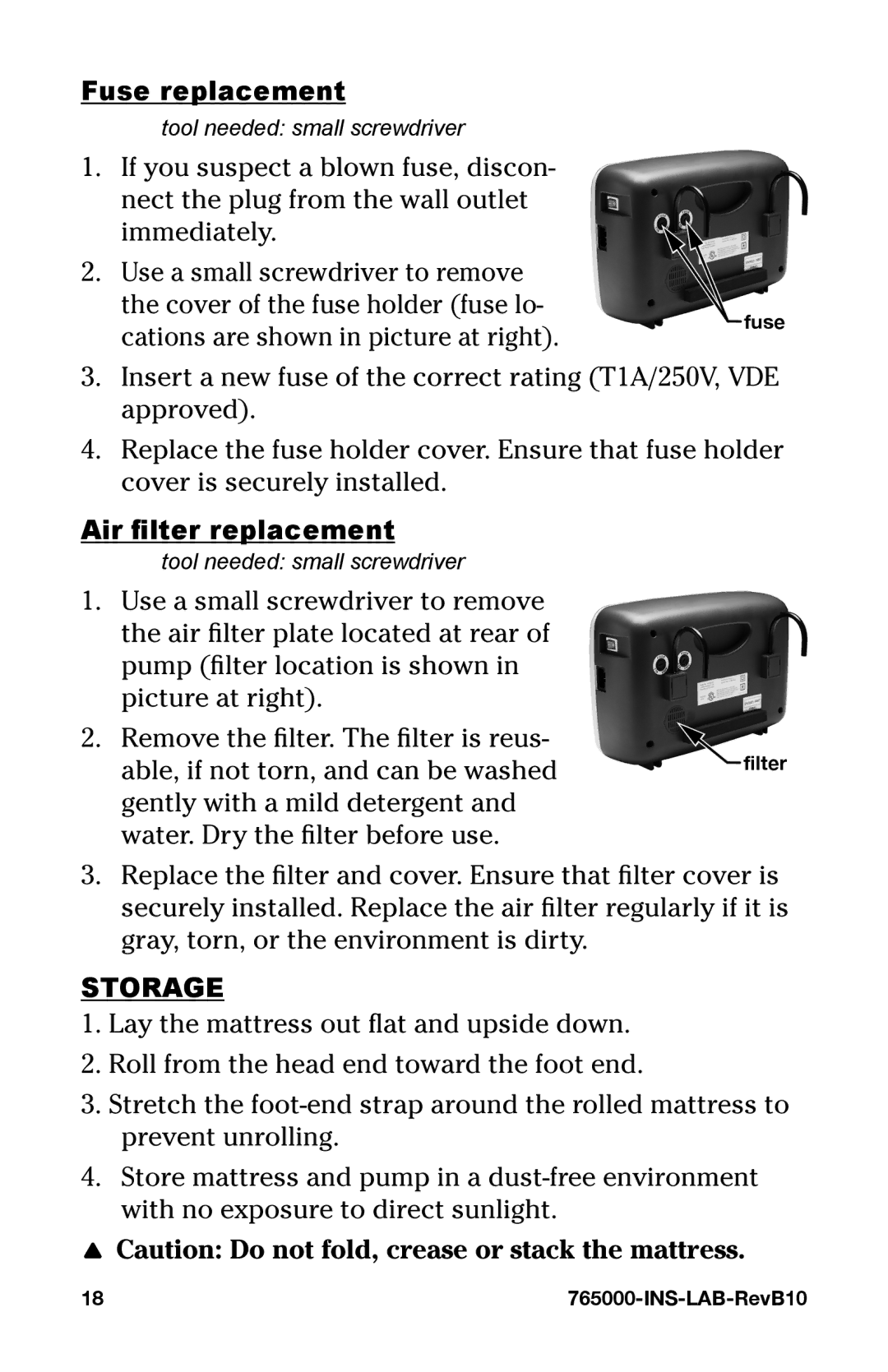 Graham Field 765000 user manual Fuse replacement, Air filter replacement, Storage 