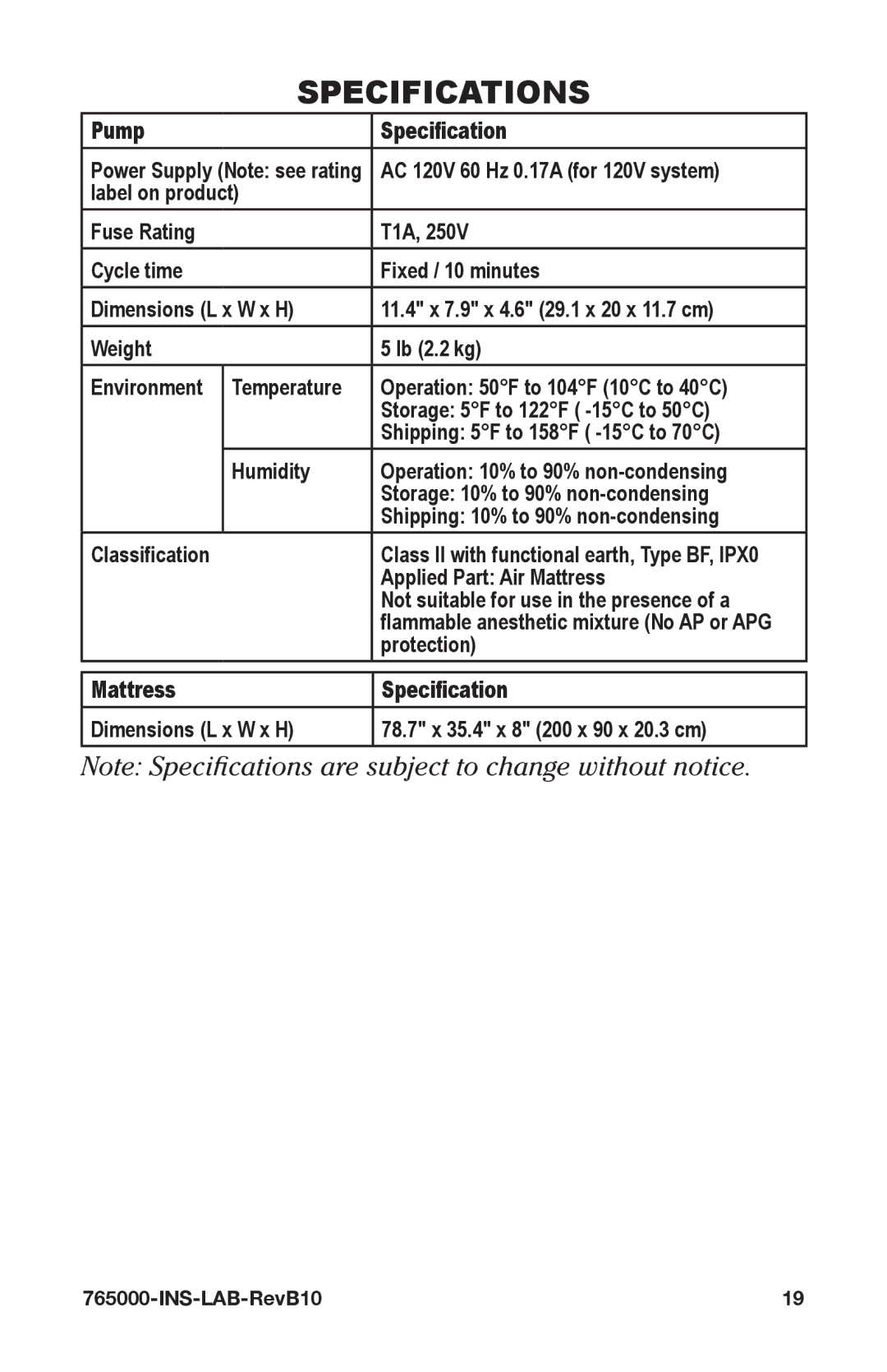 Graham Field 765000 user manual Specifications, Pump Specification 