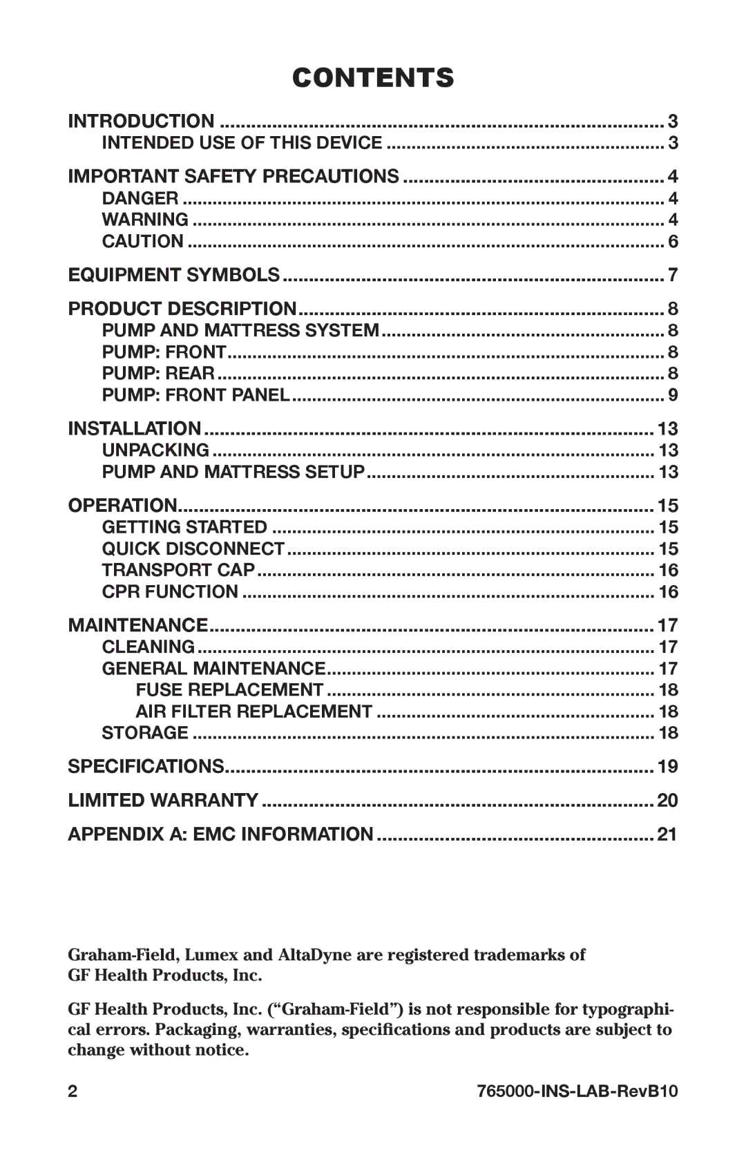 Graham Field 765000 user manual Contents 