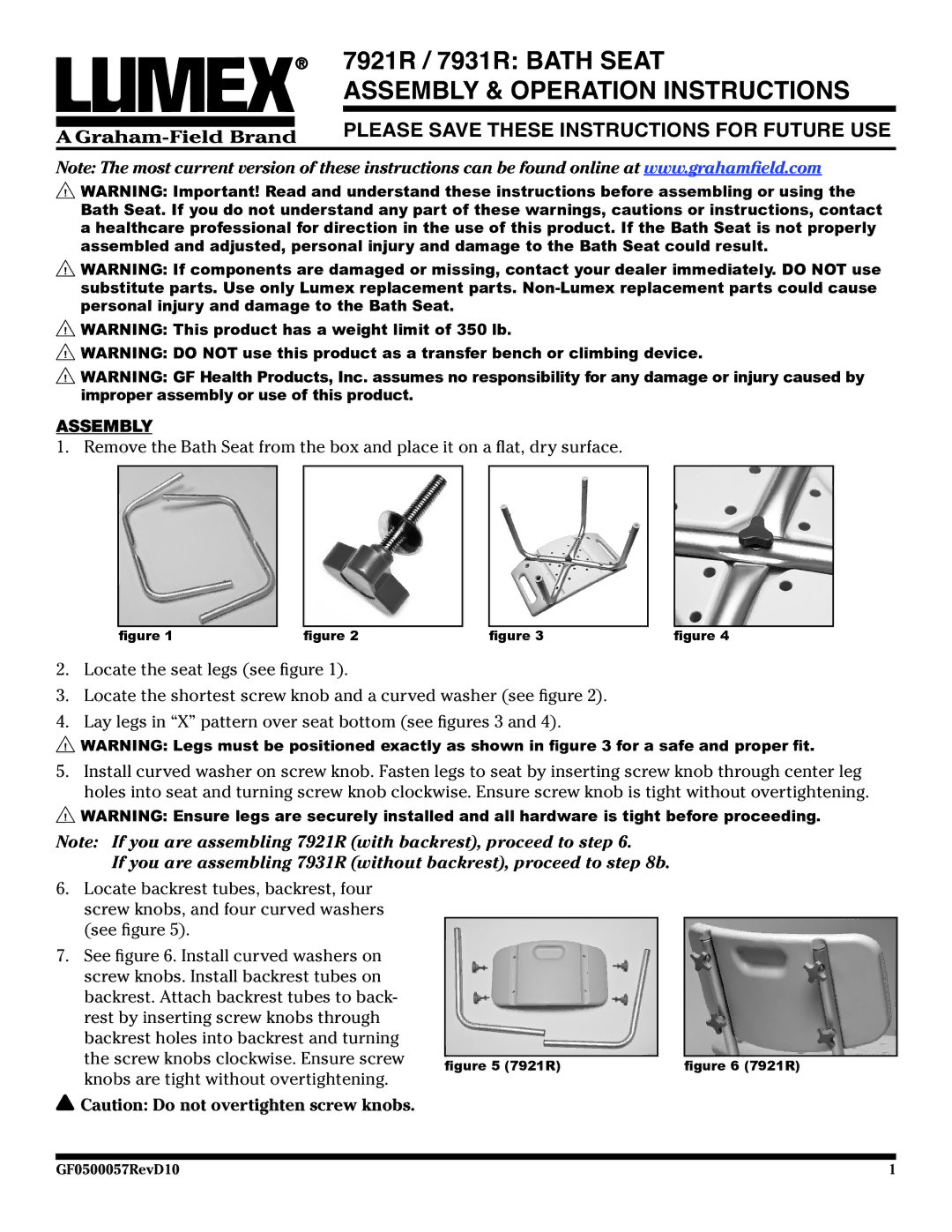 Graham Field 7931R, 7921R manual Assembly & Operation Instructions, Please Save These Instructions for Future USE 