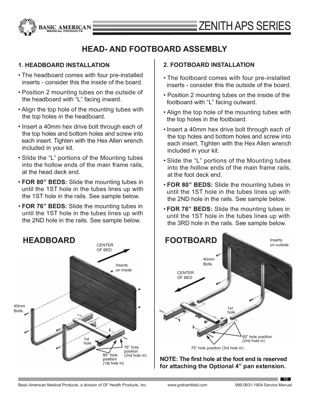 Graham Field 9000APS service manual HEAD- and Footboard Assembly, Headboard Installation, Footboard Installation 