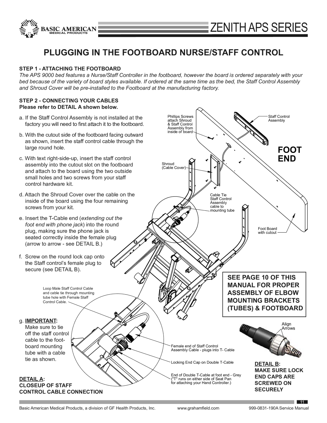 Graham Field 9000APS service manual Plugging in the Footboard NURSE/STAFF Control, Attaching the Footboard 