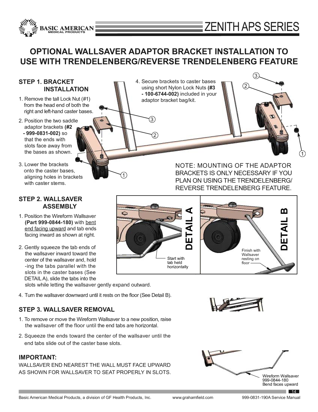 Graham Field 9000APS service manual Bracket Installation, Wallsaver Removal 