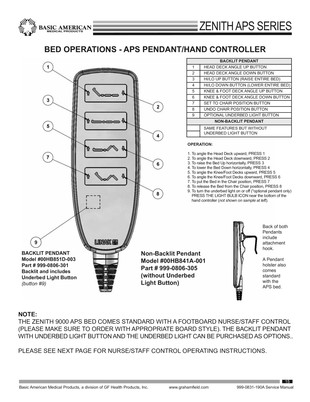 Graham Field 9000APS service manual BED Operations APS PENDANT/HAND Controller, Backlit Pendant 