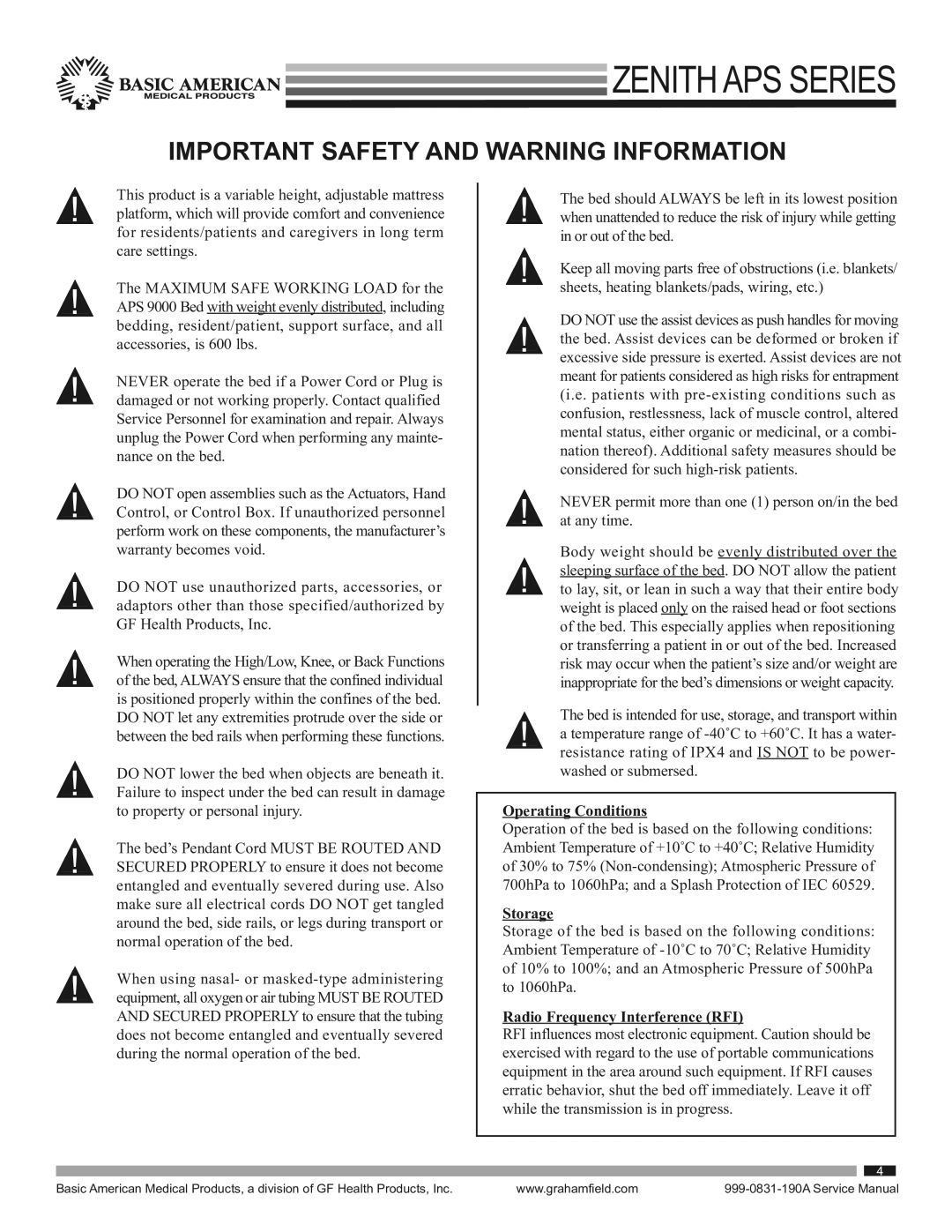 Graham Field 9000APS service manual Important Safety and Warning Information, Operating Conditions 