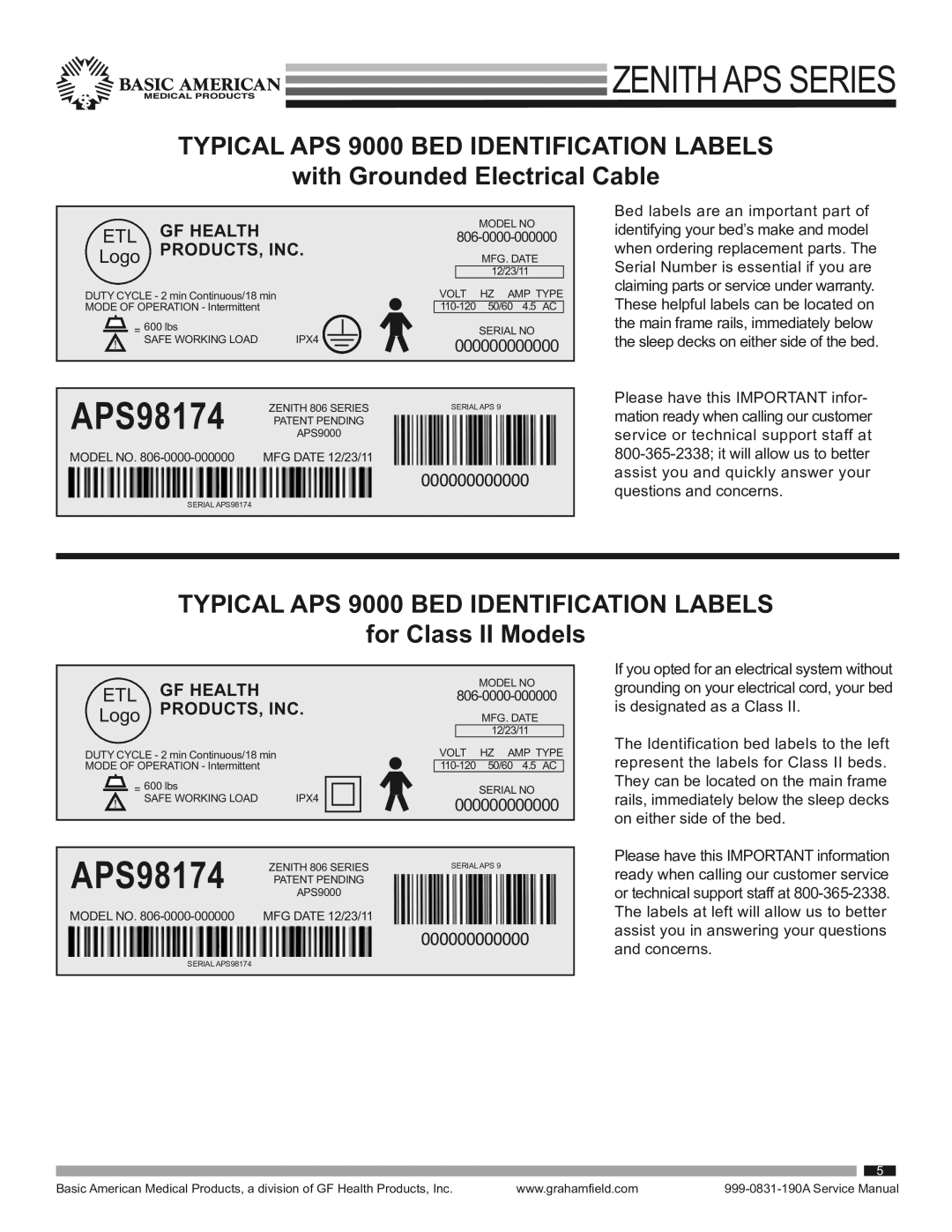 Graham Field 9000APS service manual Typical APS 9000 BED Identification Labels, With Grounded Electrical Cable 