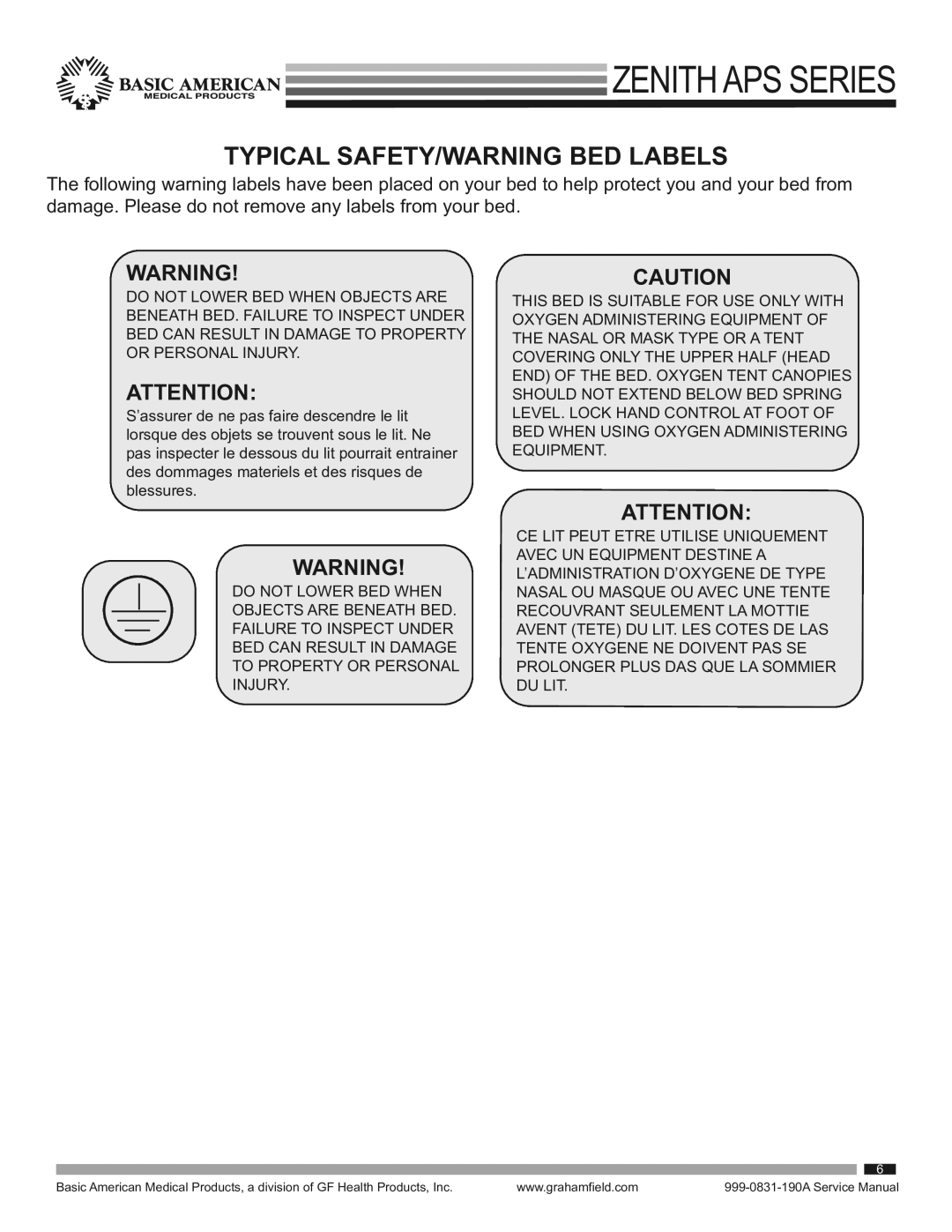 Graham Field 9000APS service manual Typical SAFETY/WARNING BED Labels 