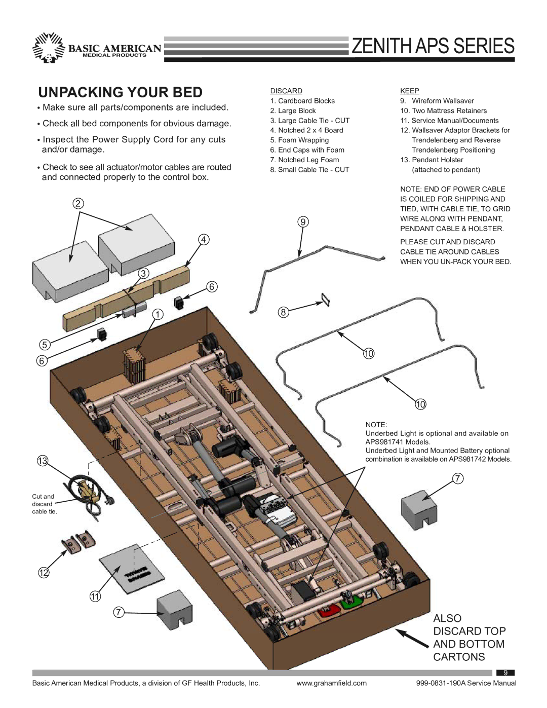 Graham Field 9000APS service manual Unpacking Your BED, Discard Keep 