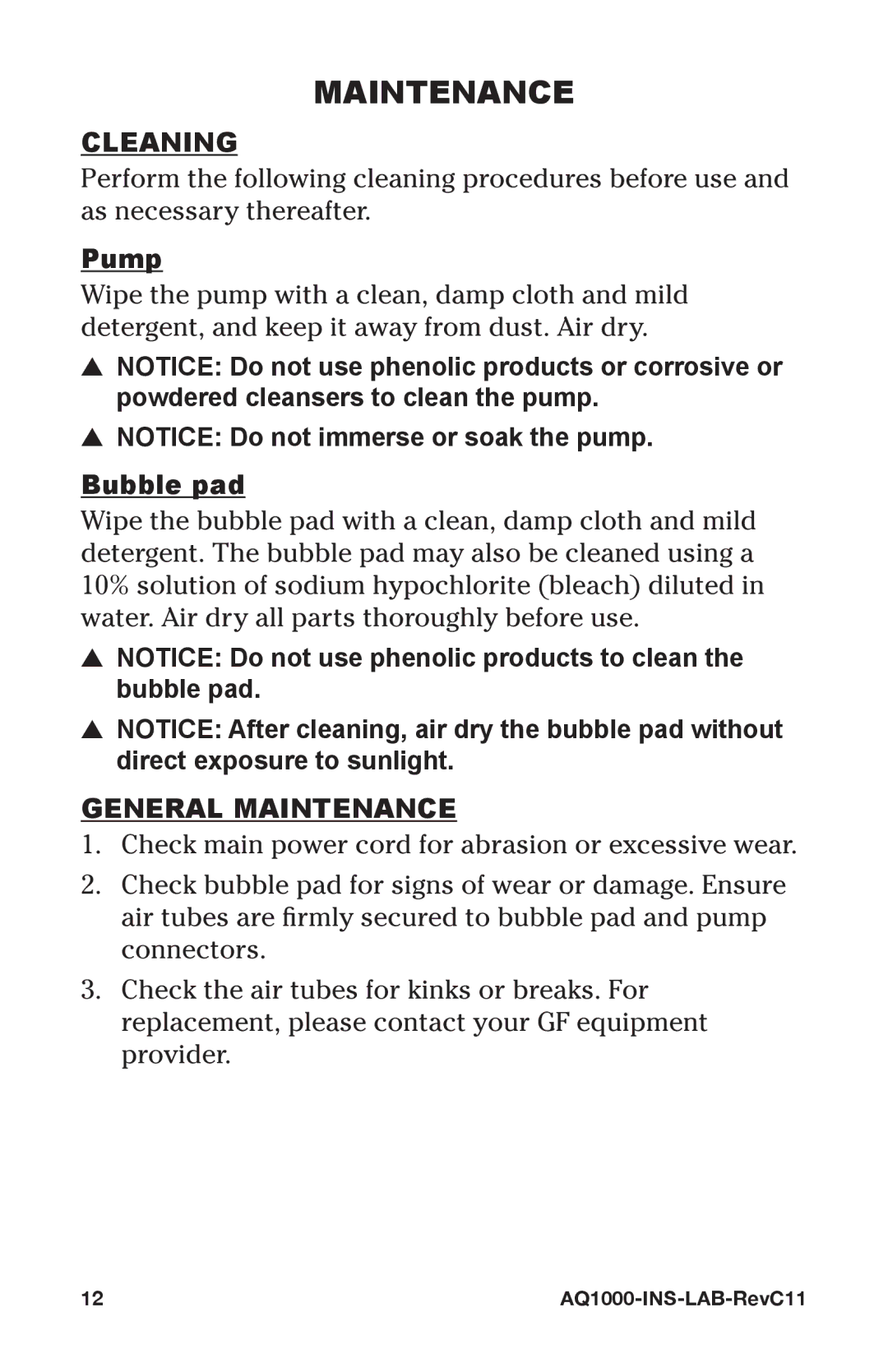 Graham Field AQ1000/AQ2000 user manual Cleaning, Pump, Bubble pad, General Maintenance 