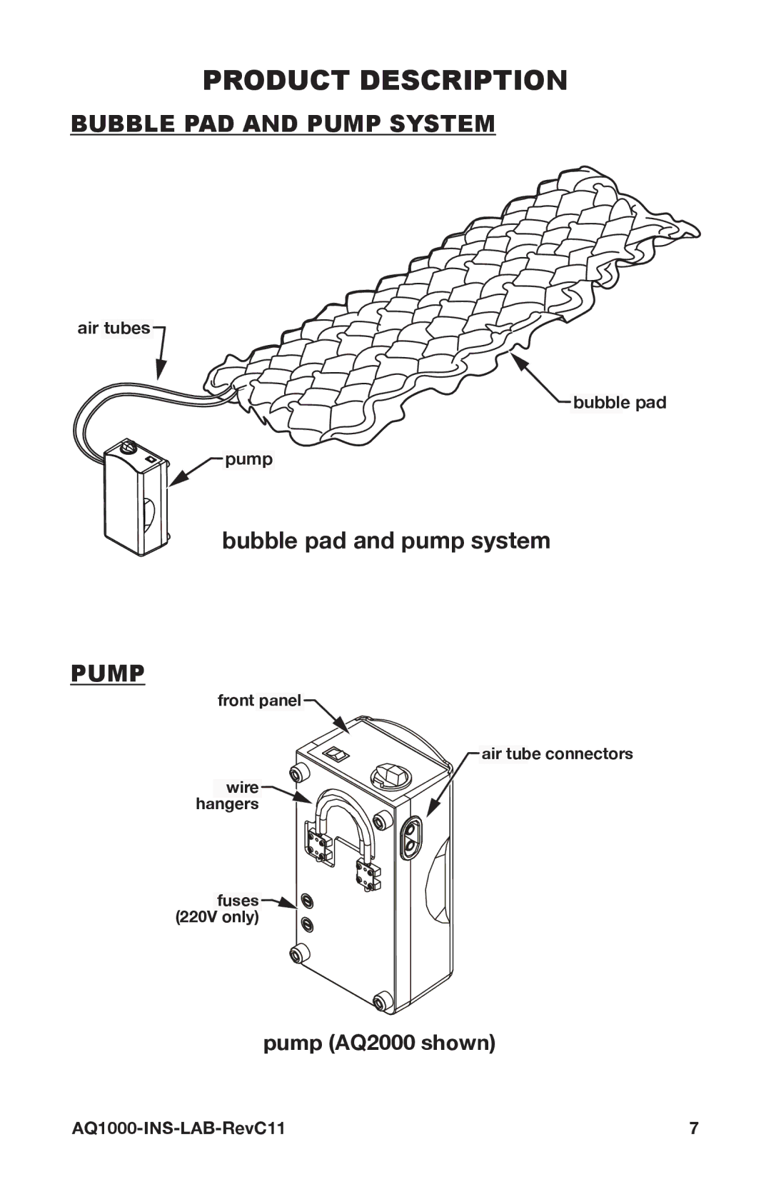 Graham Field AQ1000/AQ2000 user manual Product Description, Bubble PAD and Pump System, Bubble pad and pump system 