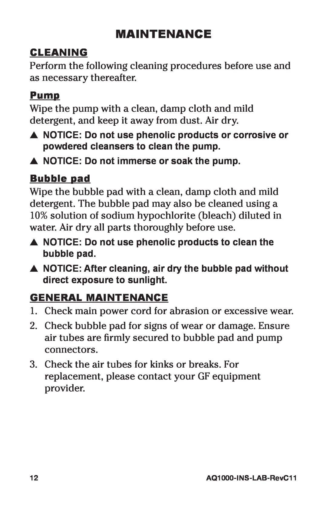 Graham Field AQ1000/AQ2000 user manual Cleaning, Pump, Bubble pad, General Maintenance 
