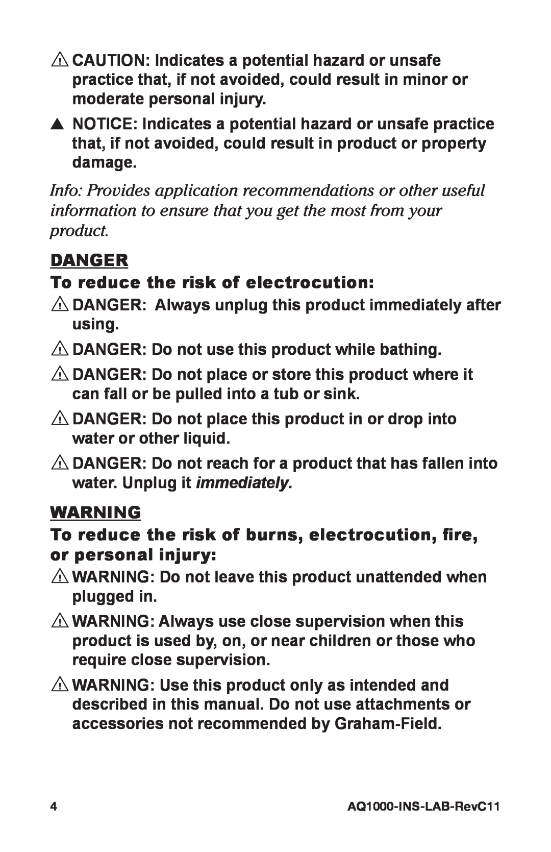 Graham Field AQ1000/AQ2000 user manual DANGER To reduce the risk of electrocution 