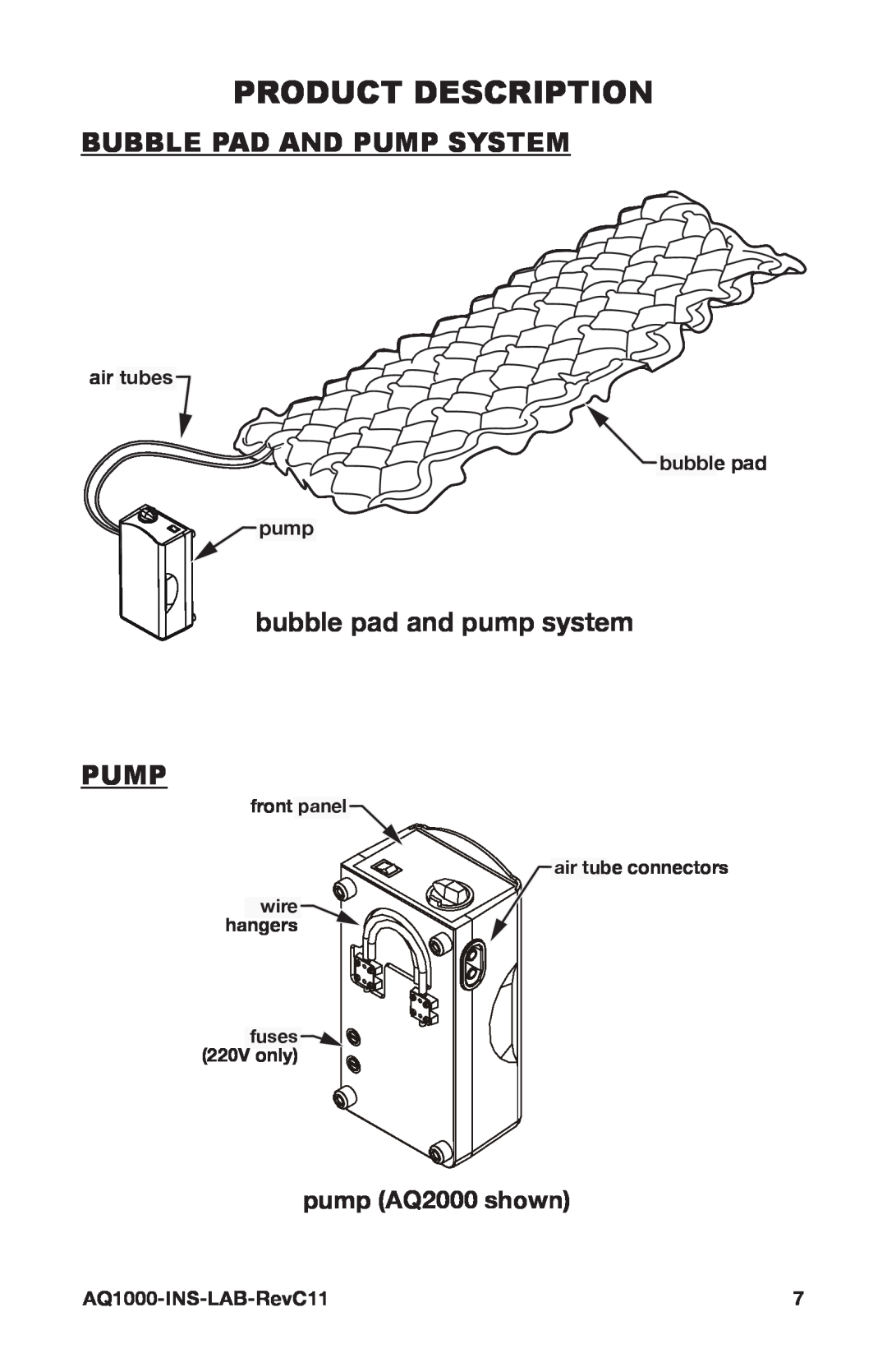 Graham Field AQ1000/AQ2000 user manual Product Description, Bubble Pad And Pump System, bubble pad and pump system PUMP 