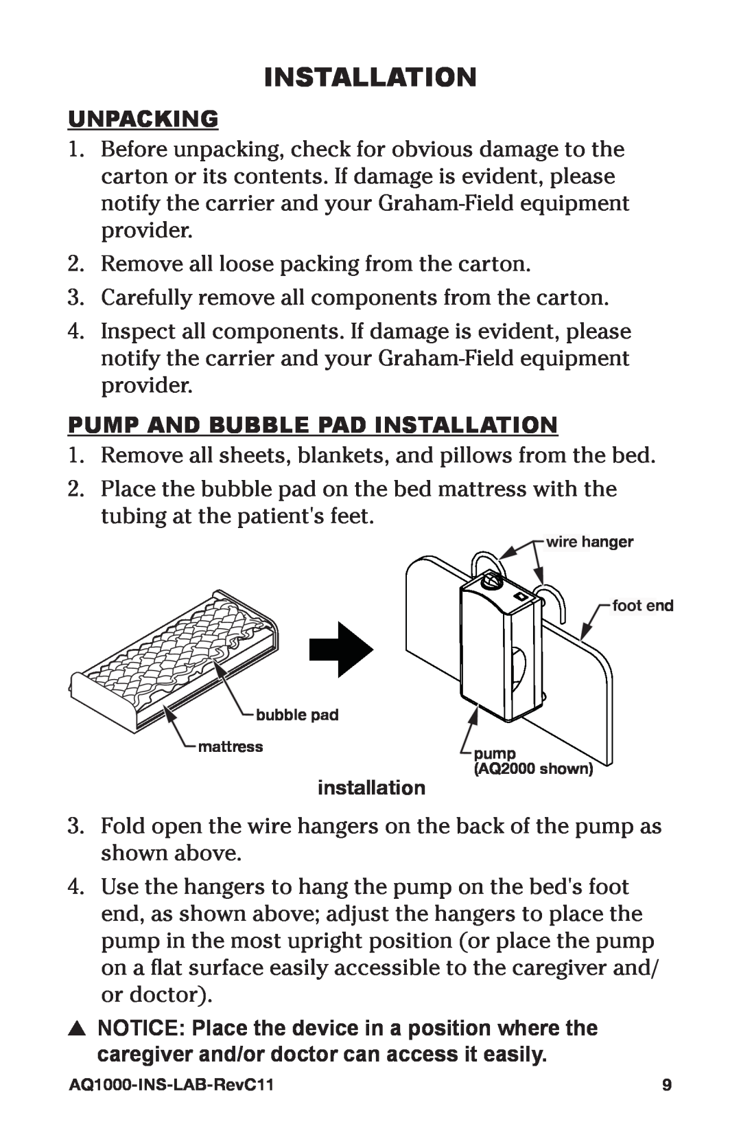 Graham Field AQ1000/AQ2000 user manual Unpacking, Pump And Bubble Pad Installation 