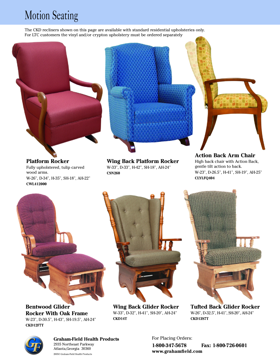 Graham Field CLYLFQ404 manual Motion Seating, Wing Back Platform Rocker, Action Back Arm Chair, Bentwood Glider 