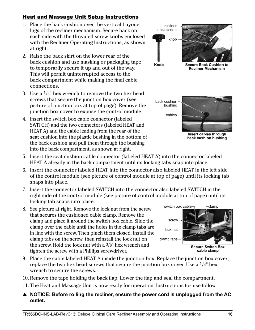 Graham Field FR566G operating instructions Heat and Massage Unit Setup Instructions 