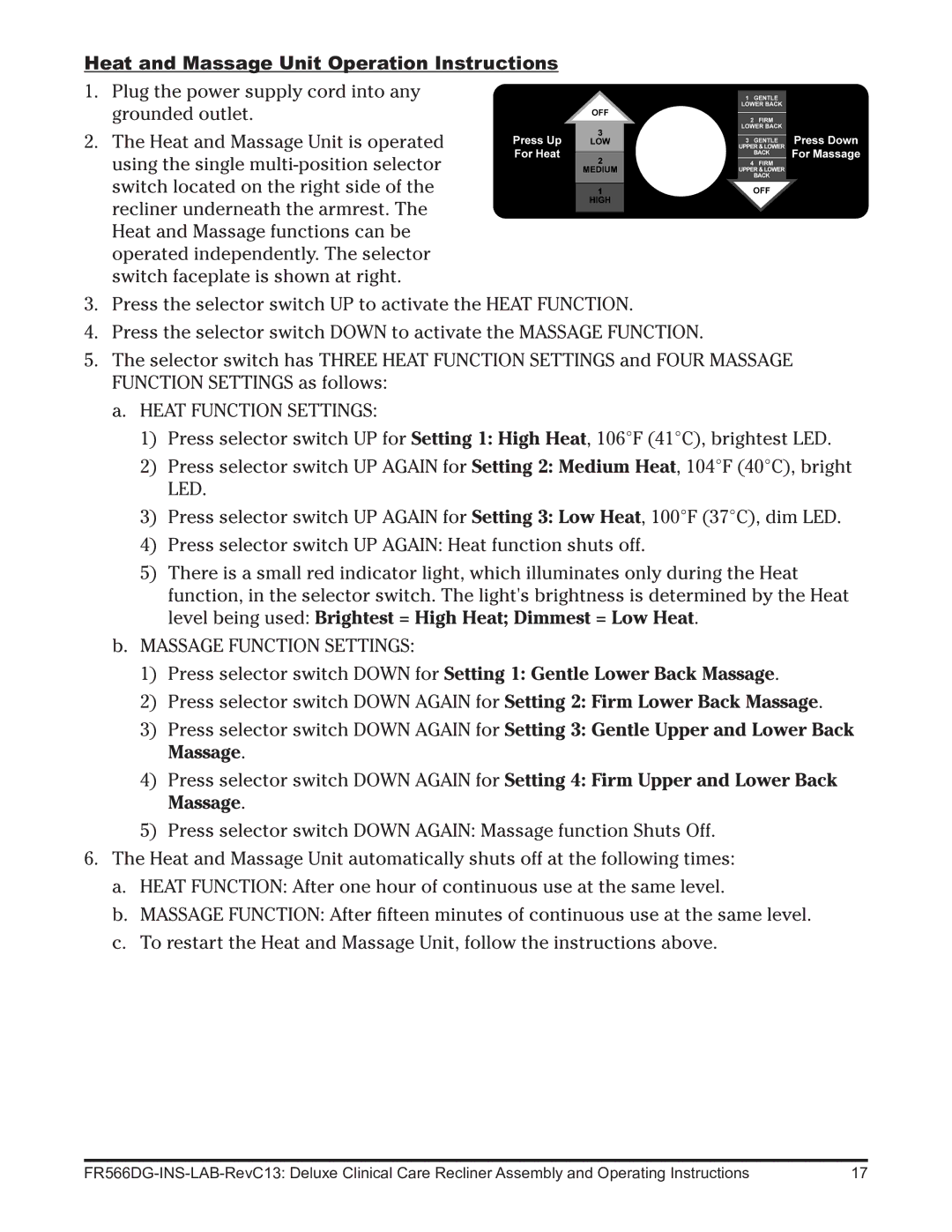 Graham Field FR566G operating instructions Heat and Massage Unit Operation Instructions 