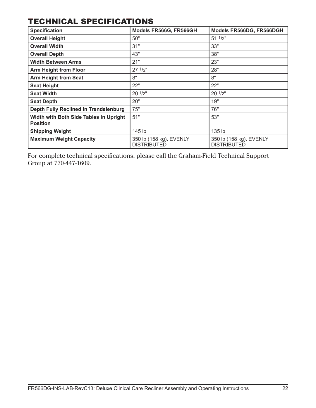 Graham Field FR566G operating instructions Technical Specifications 