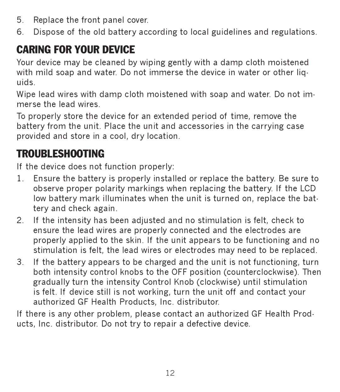 Graham Field GF-TX5EMS operation manual Caring for Your Device, Troubleshooting 