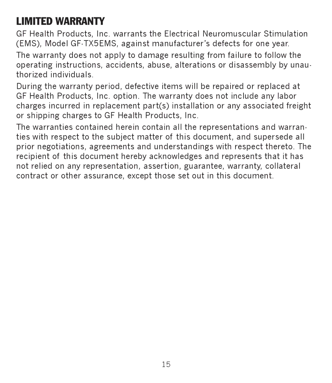 Graham Field GF-TX5EMS operation manual Limited Warranty 