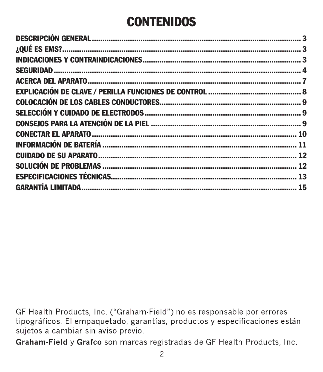 Graham Field GF-TX5EMS operation manual Contenidos 