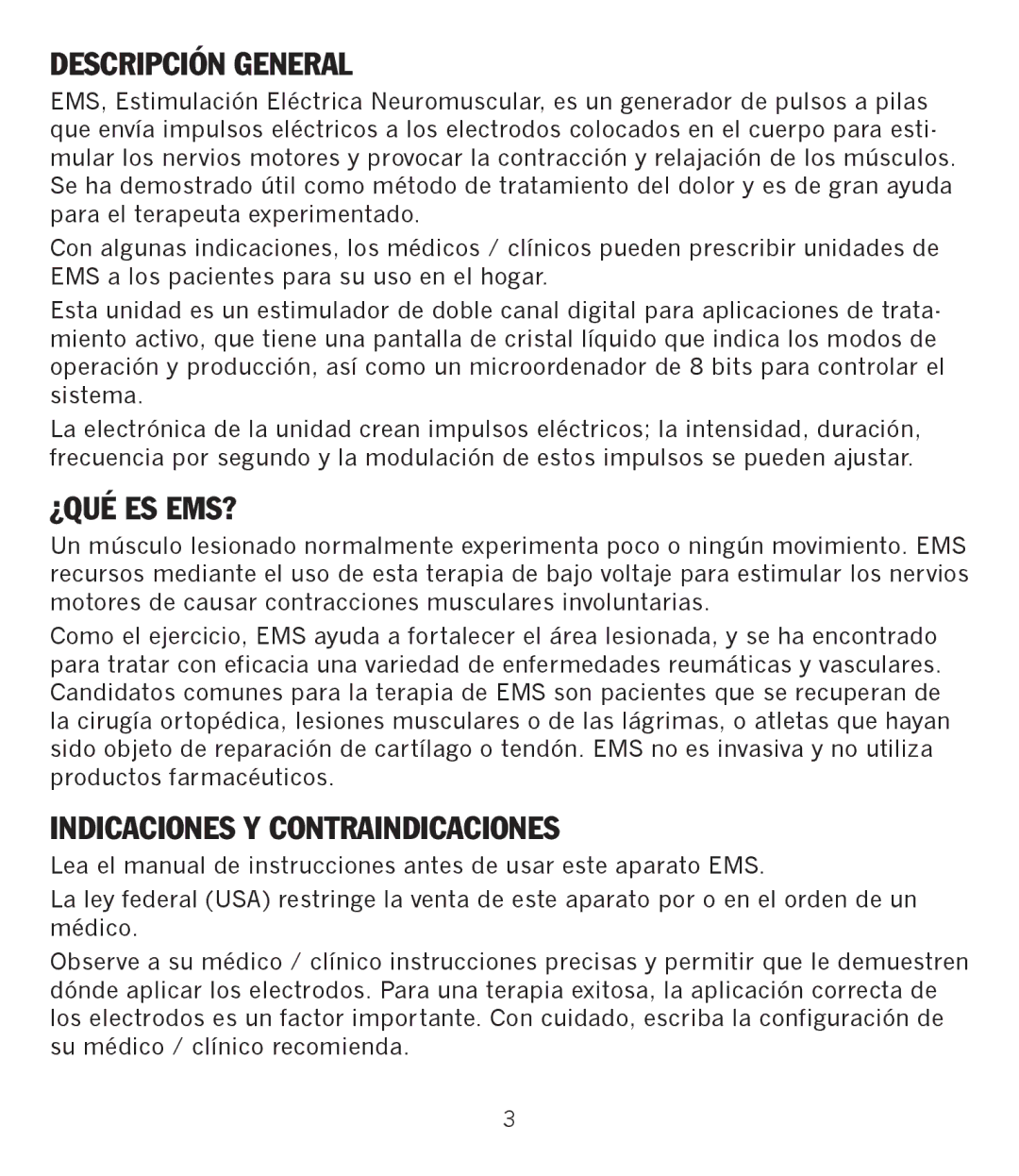 Graham Field GF-TX5EMS operation manual Descripción General, ¿Qué Es Ems?, Indicaciones Y Contraindicaciones 