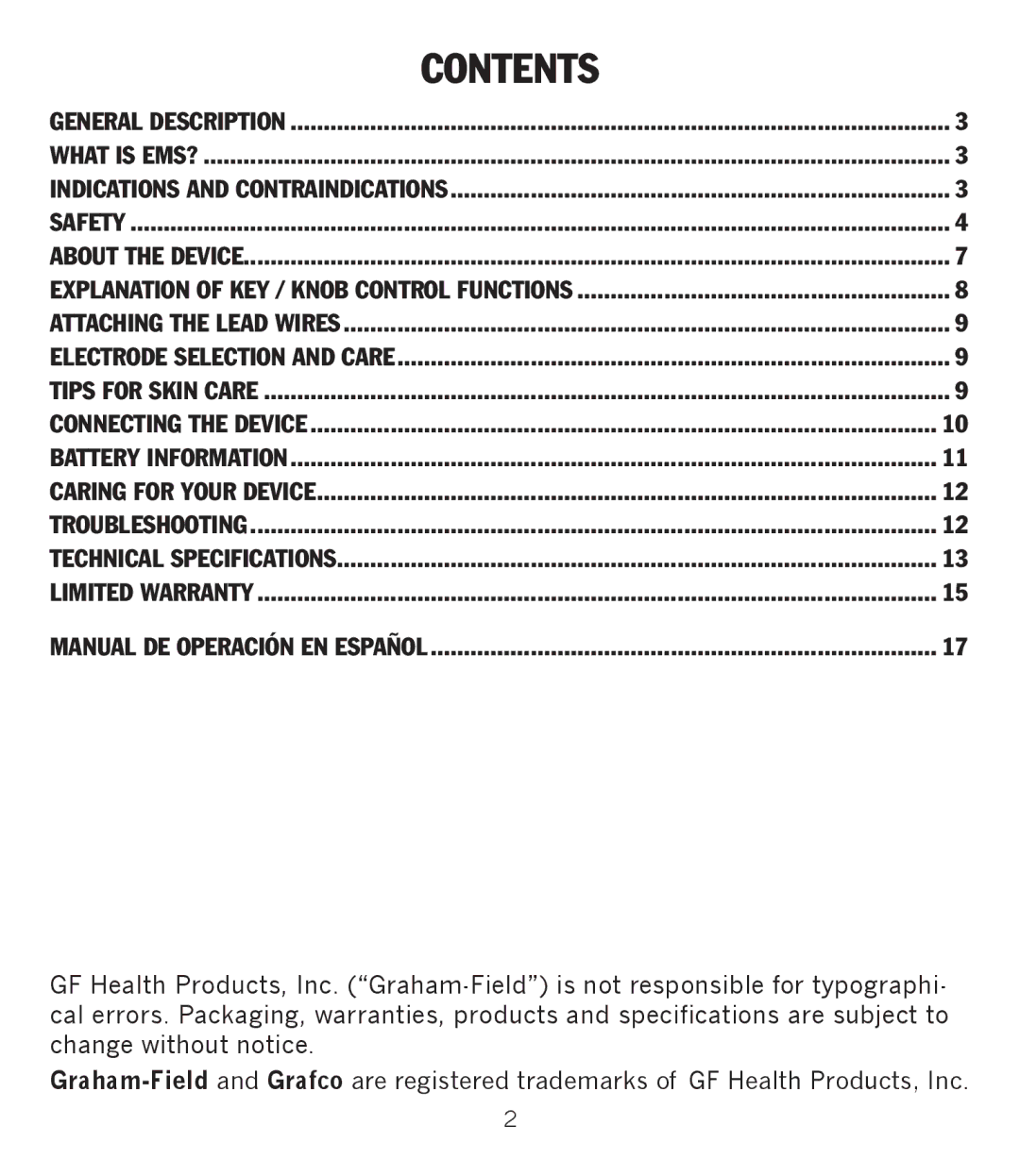 Graham Field GF-TX5EMS operation manual Contents 