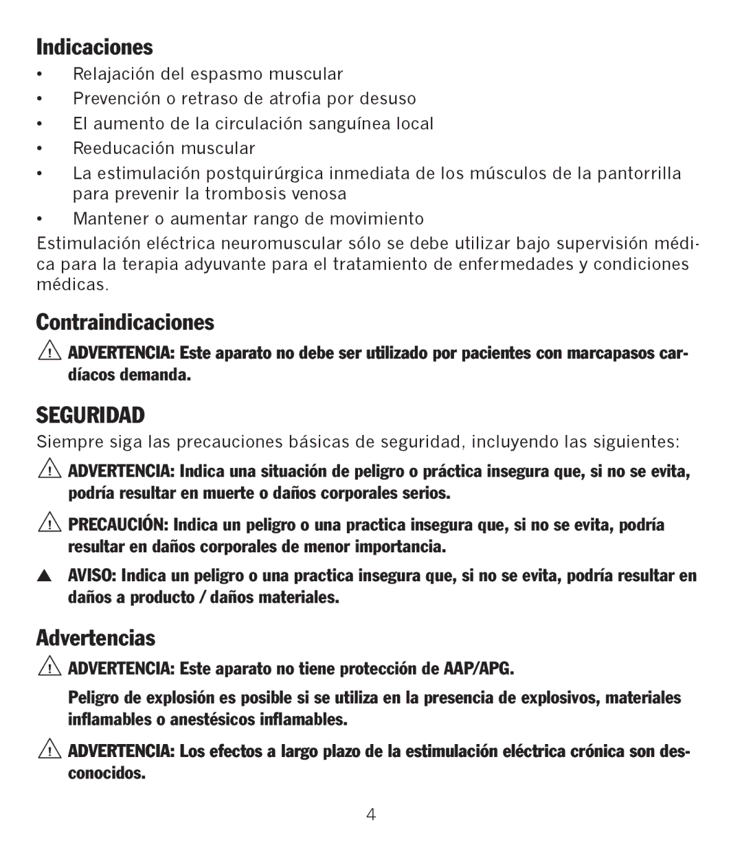 Graham Field GF-TX5EMS operation manual Indicaciones, Contraindicaciones, Seguridad, Advertencias 