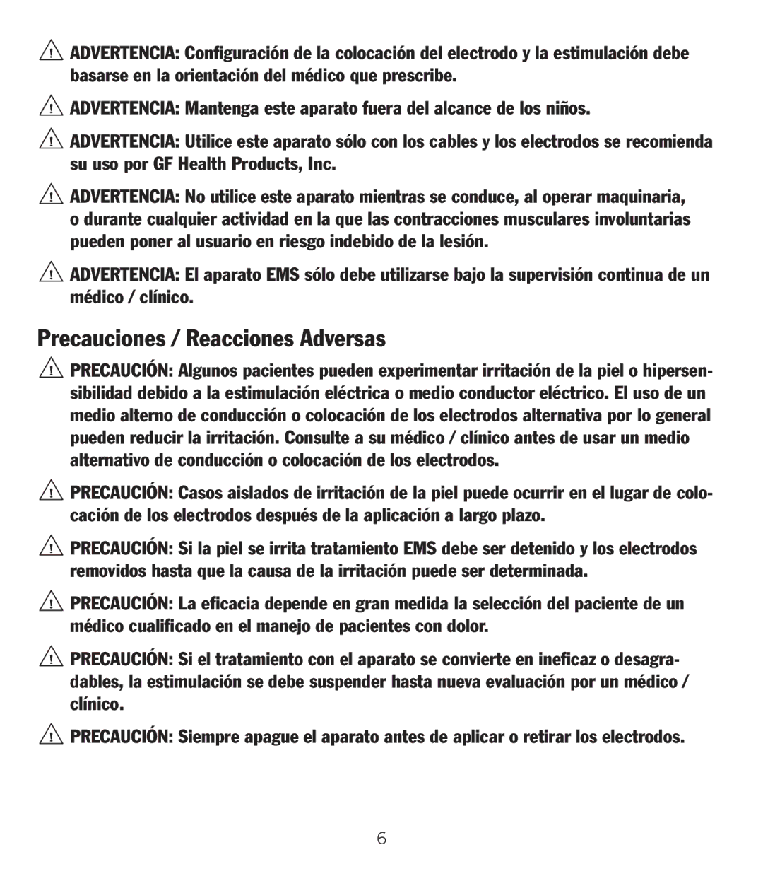 Graham Field GF-TX5EMS operation manual Precauciones / Reacciones Adversas 