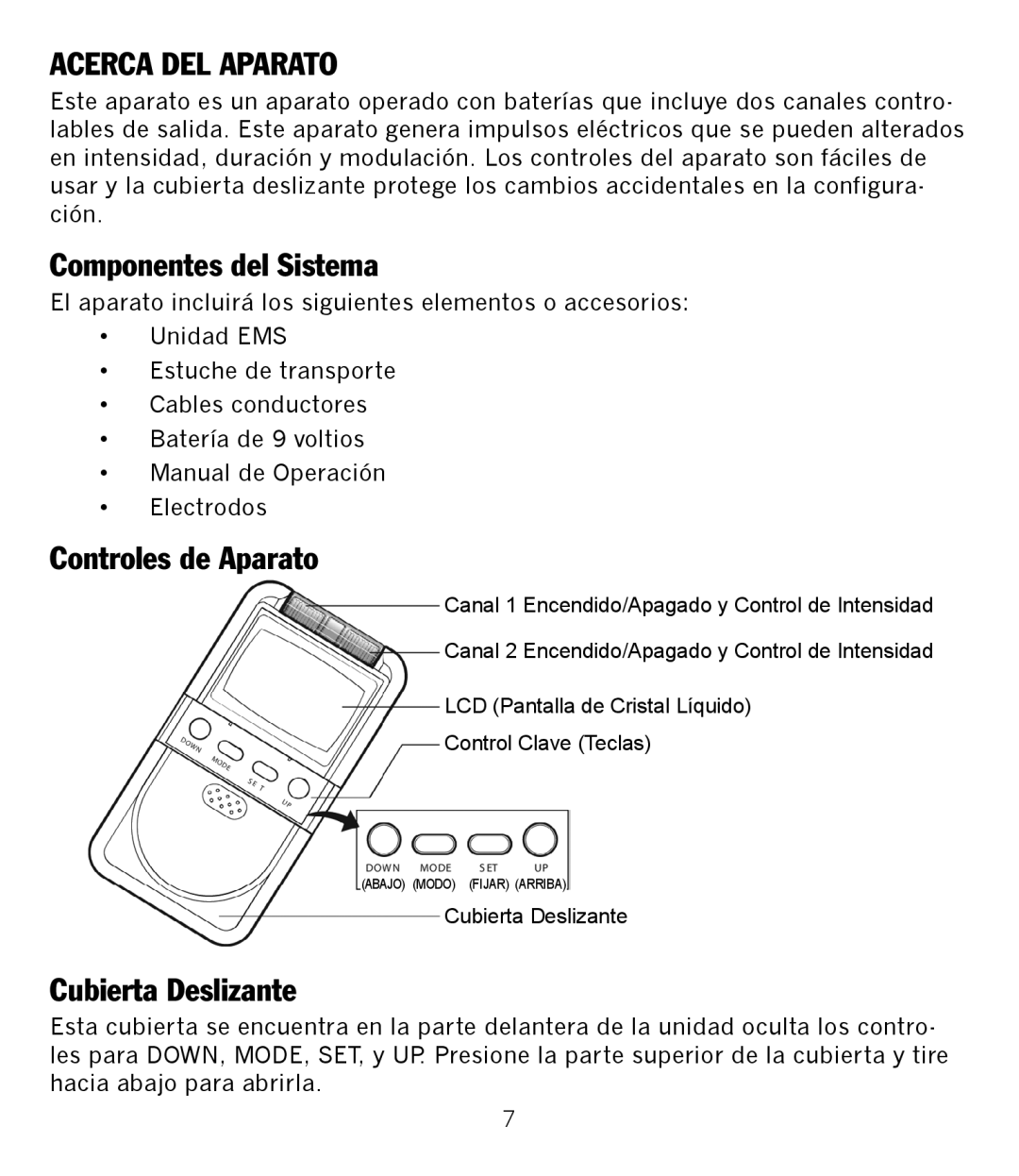 Graham Field GF-TX5EMS Acerca DEL Aparato, Componentes del Sistema, Controles de Aparato, Cubierta Deslizante 