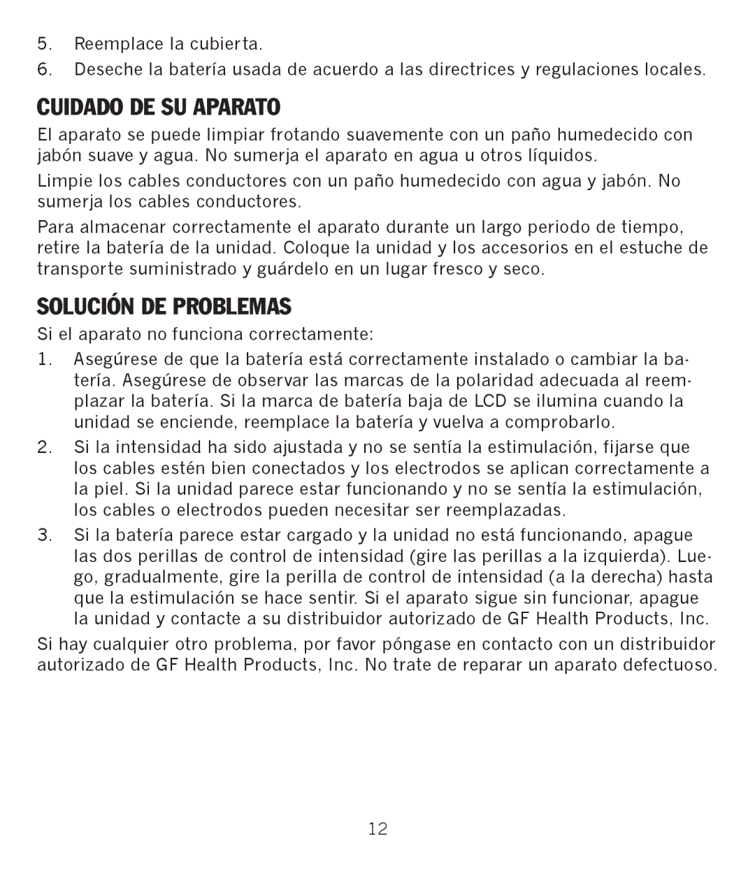 Graham Field GF-TX5EMS operation manual Cuidado DE SU Aparato, Solución DE Problemas 