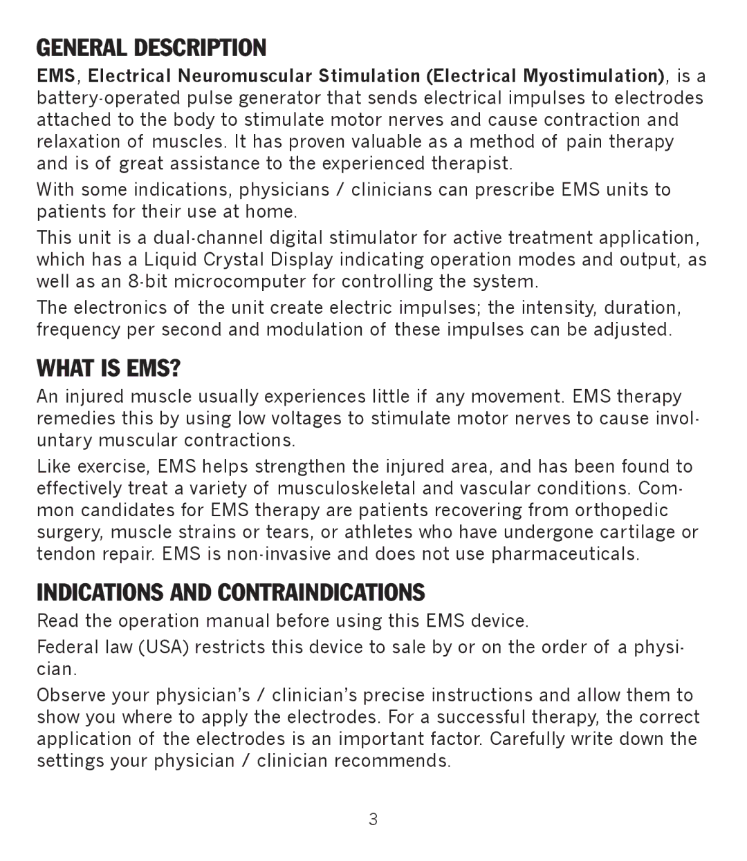 Graham Field GF-TX5EMS operation manual General Description, What is EMS?, Indications and Contraindications 