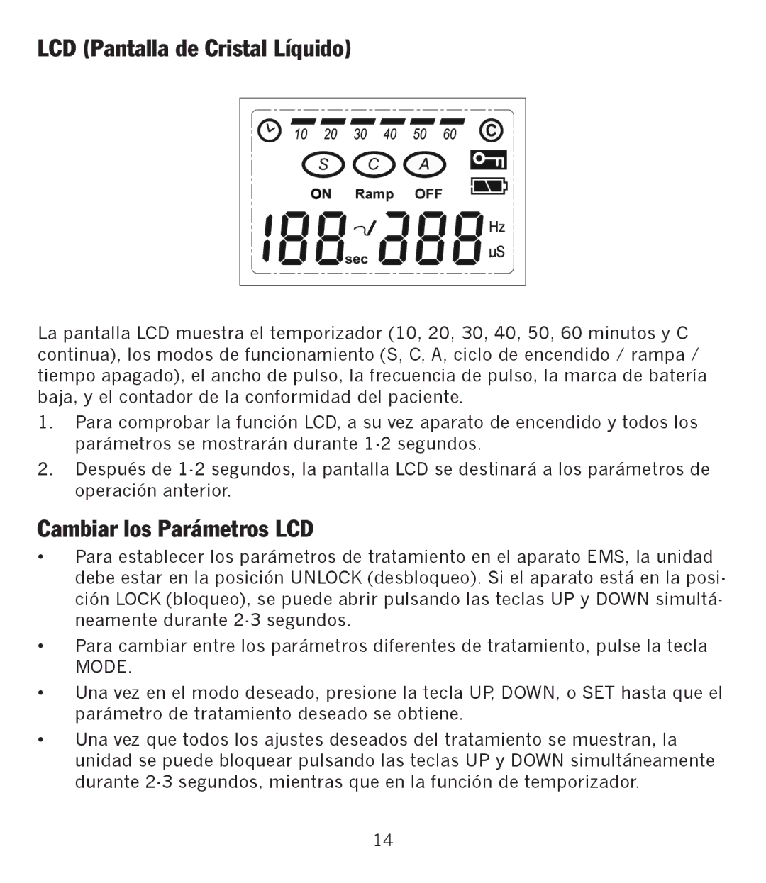 Graham Field GF-TX5EMS operation manual LCD Pantalla de Cristal Líquido, Cambiar los Parámetros LCD 