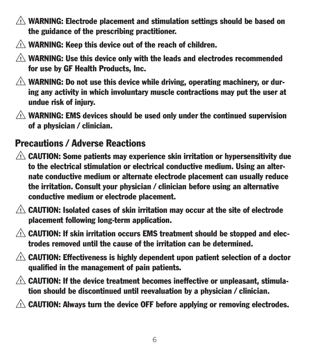 Graham Field GF-TX5EMS operation manual Precautions / Adverse Reactions 