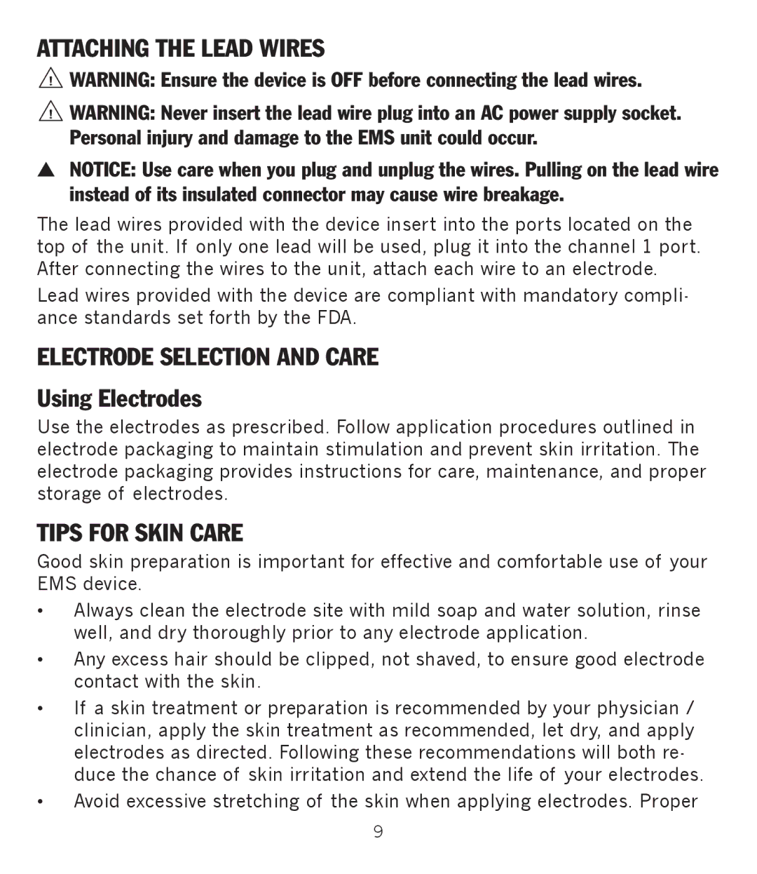 Graham Field GF-TX5EMS Attaching the Lead Wires, Electrode Selection and Care, Using Electrodes, Tips for Skin Care 