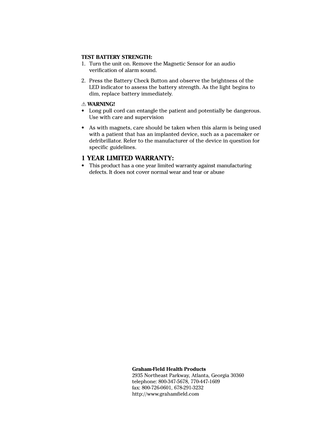 Graham Field GF13603 manual Test Battery Strength, Graham-Field Health Products 