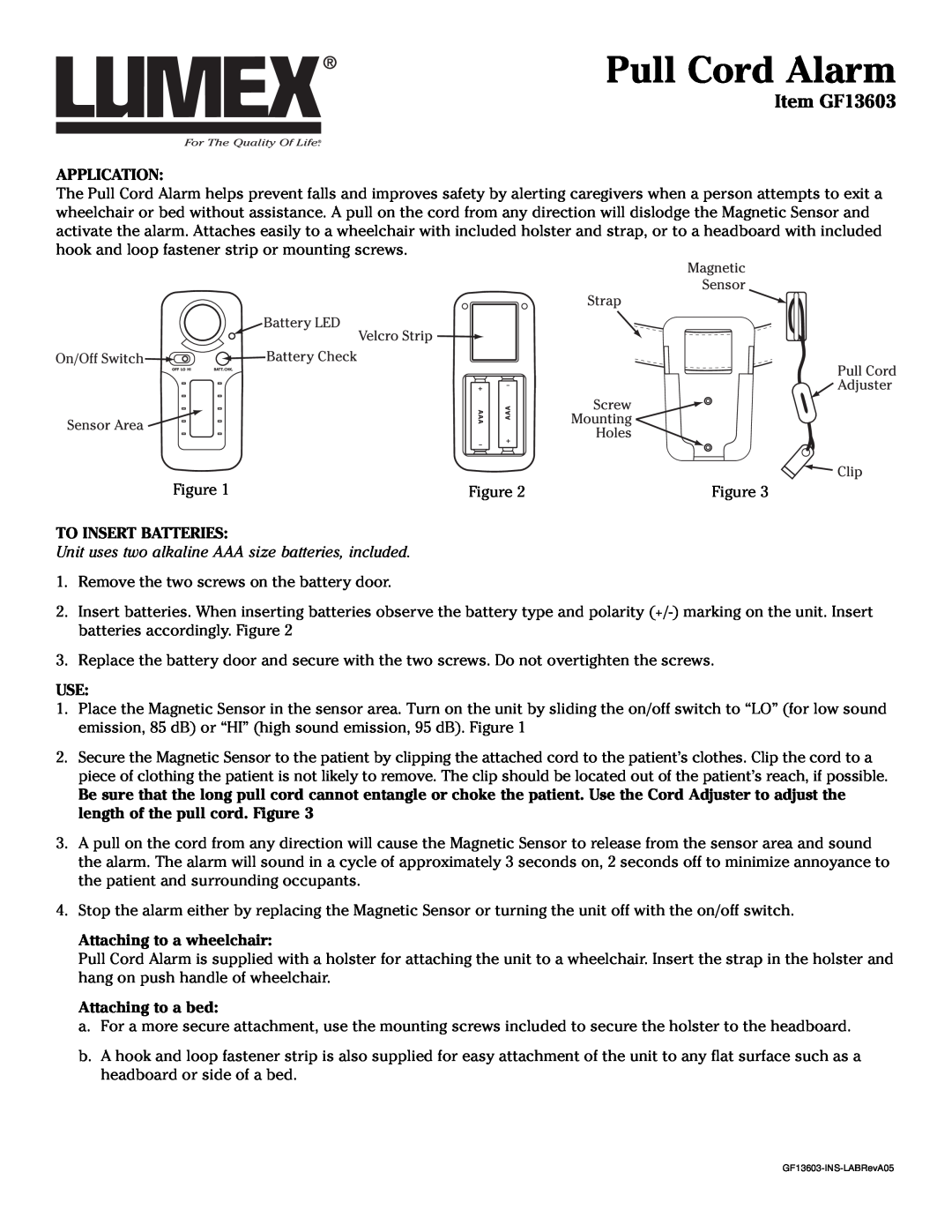 Graham Field manual Item GF13603, Application, To Insert Batteries, Attaching to a wheelchair, Attaching to a bed 