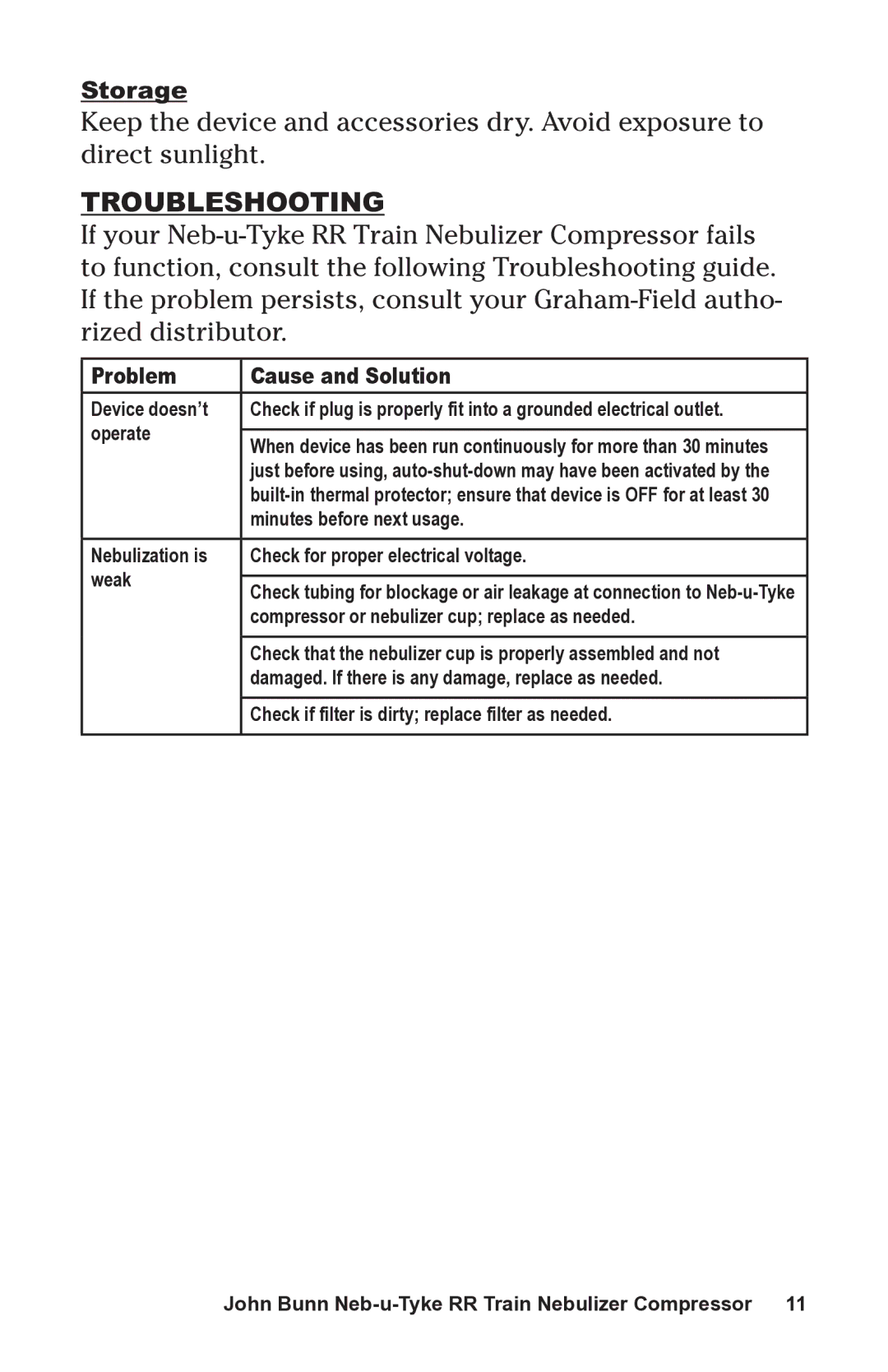 Graham Field JB0112-164 user manual Troubleshooting, Problem Cause and Solution 