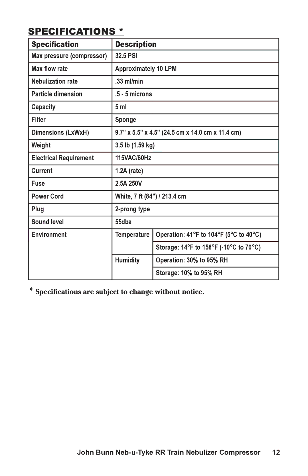 Graham Field JB0112-164 user manual Specifications, Specification Description 