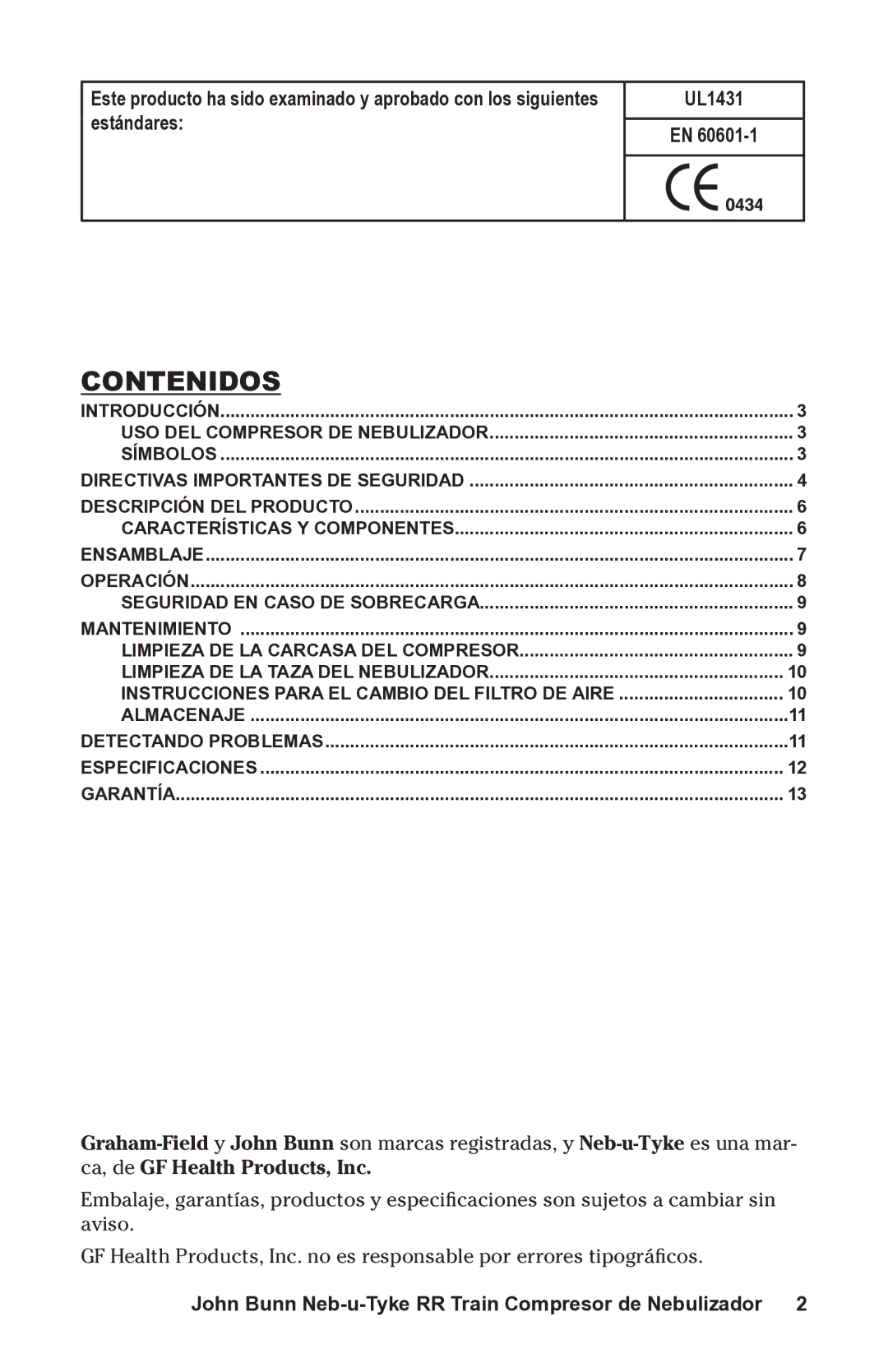 Graham Field JB0112-164 user manual Contenidos 