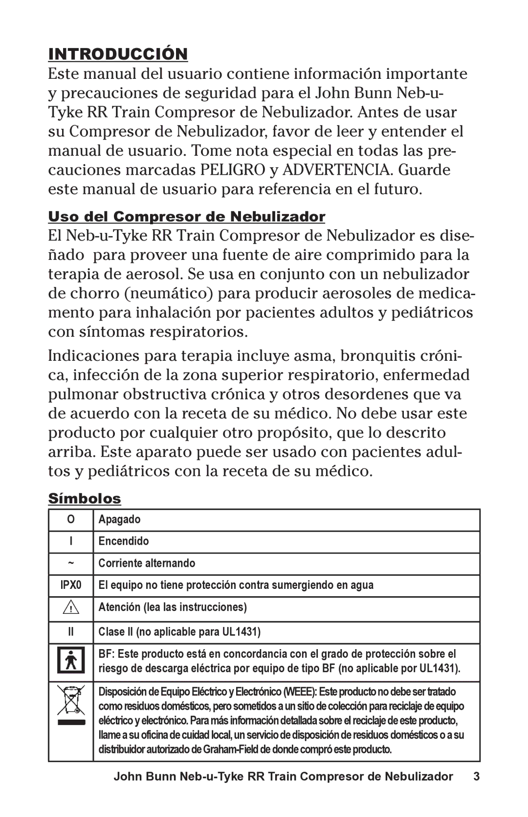 Graham Field JB0112-164 user manual Introducción, Símbolos 