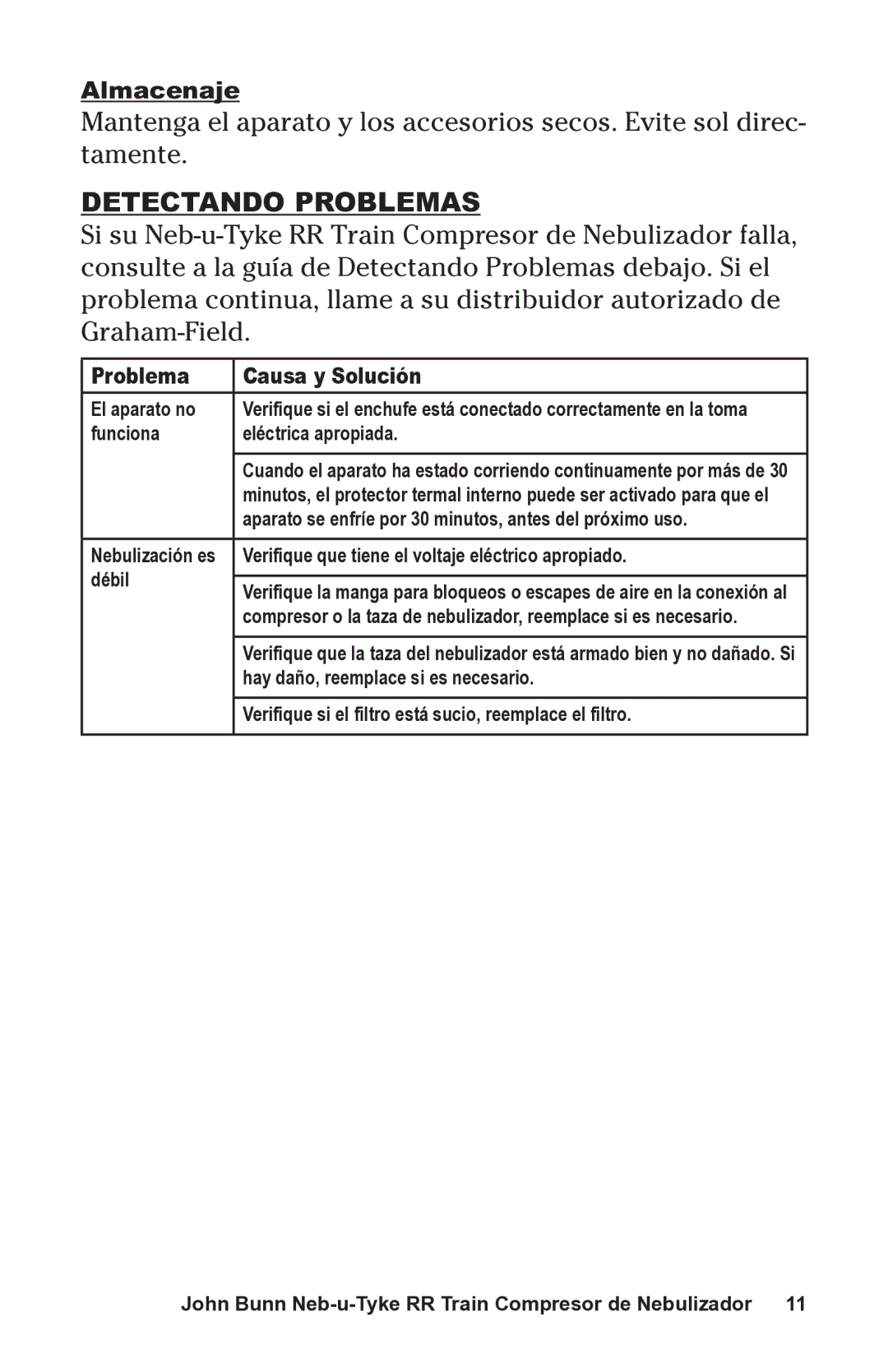 Graham Field JB0112-164 user manual Detectando Problemas, Problema Causa y Solución 