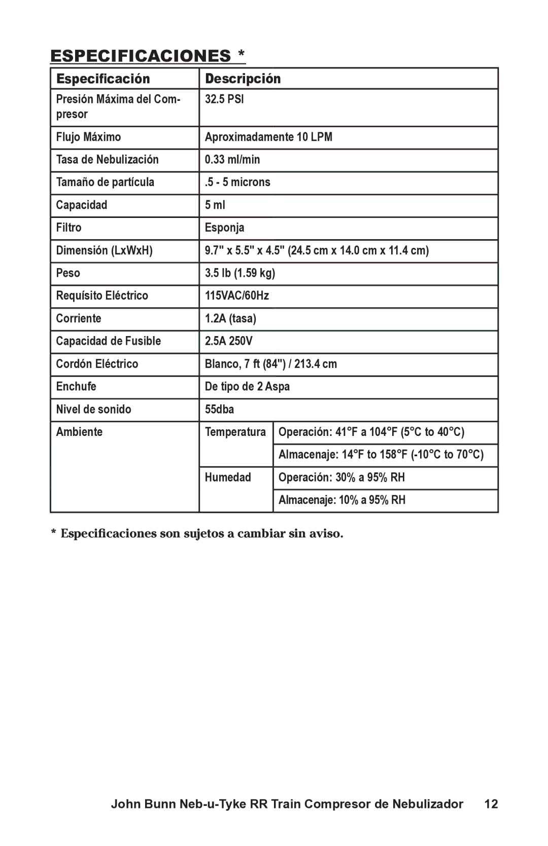 Graham Field JB0112-164 user manual Especificaciones, Especificación Descripción 