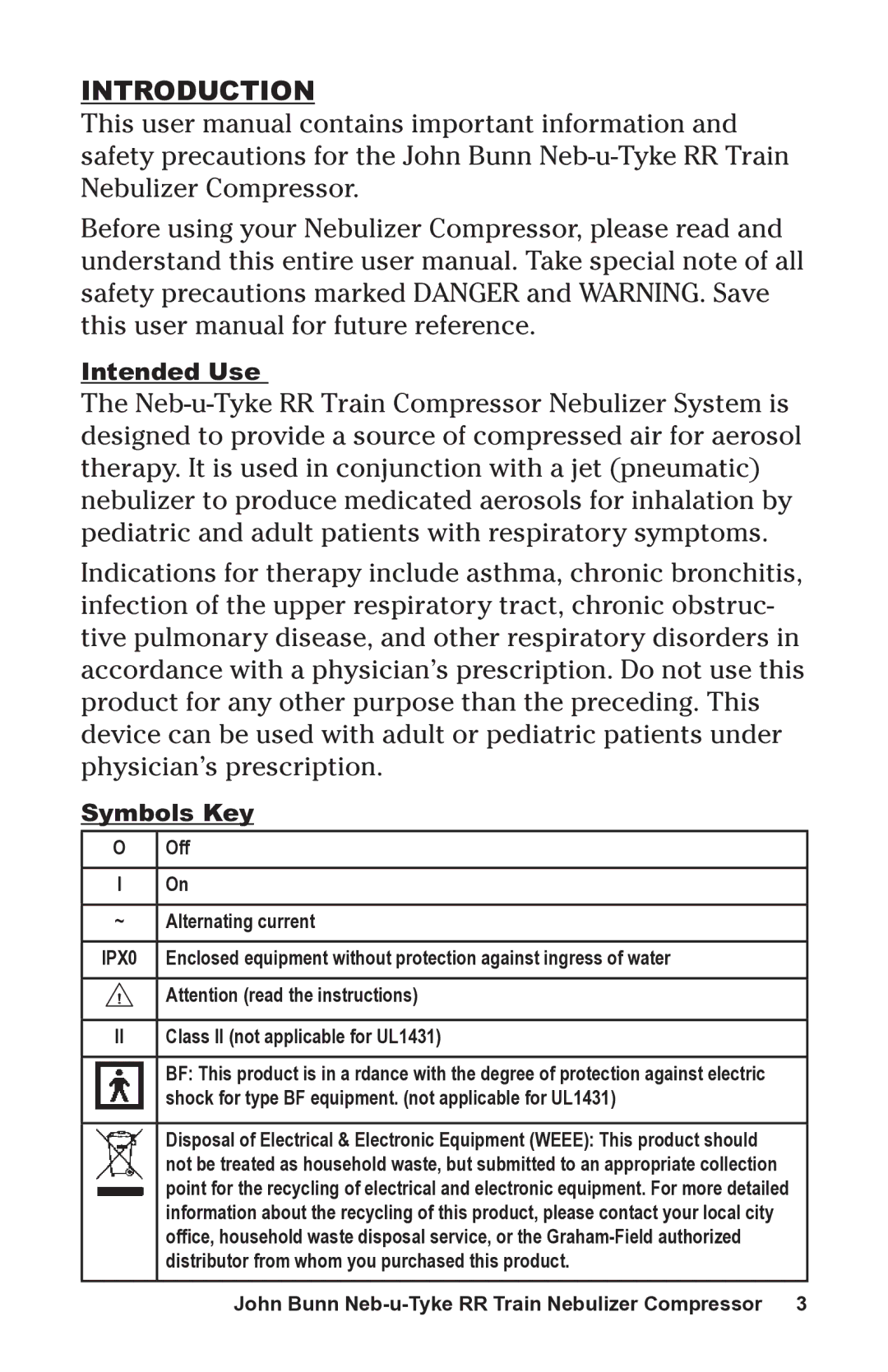 Graham Field JB0112-164 user manual Introduction, Symbols Key 