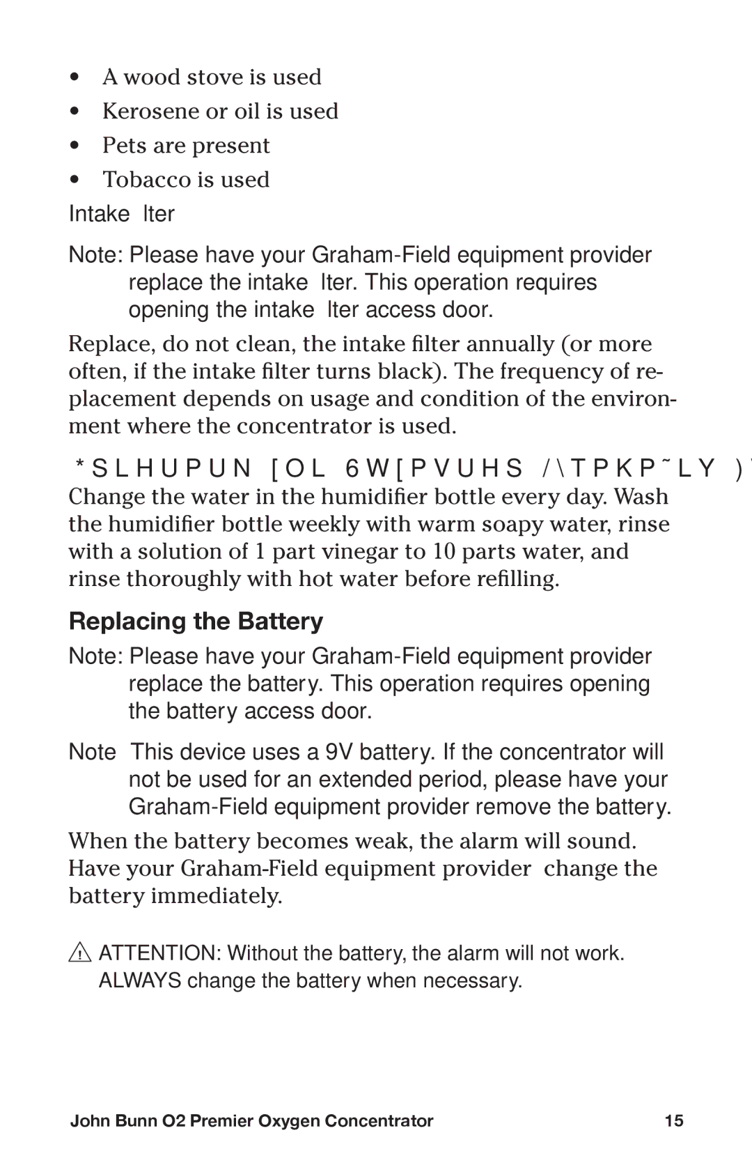 Graham Field JB0160-010B-220, JB0160-015B-220 user manual Cleaning the Optional Humidifier Bottle, Replacing the Battery 