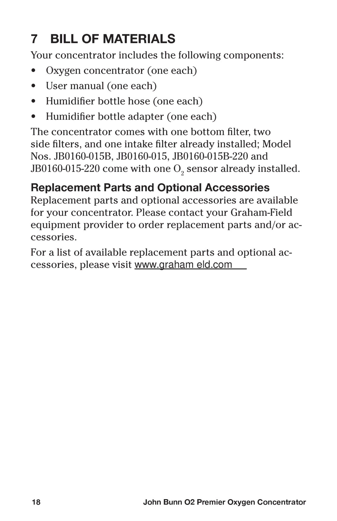 Graham Field JB0160-015-220, JB0160-015B-220, JB0160-010-220 Bill of Materials, Replacement Parts and Optional Accessories 