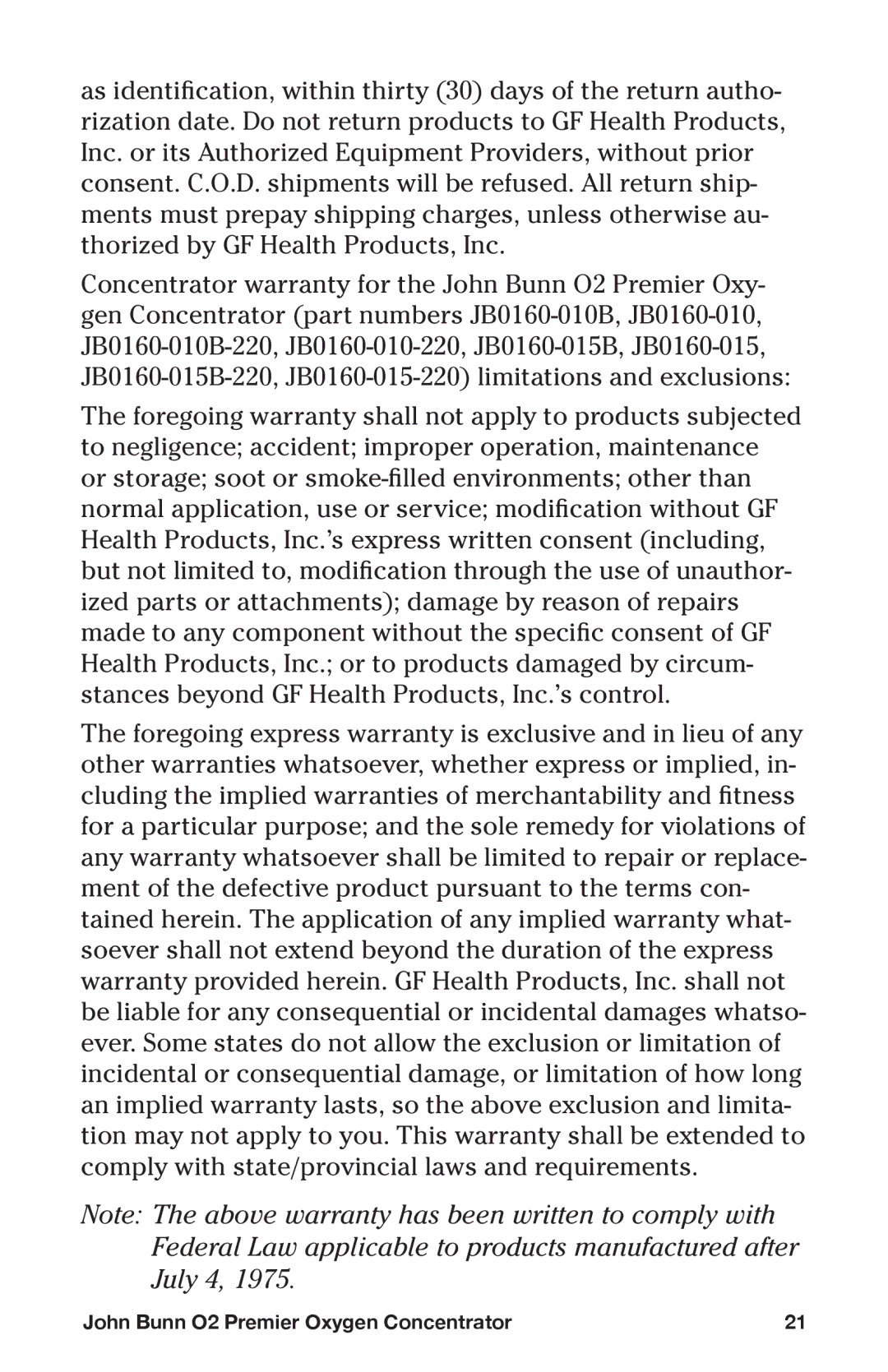 Graham Field JB0160-015B-220, JB0160-015-220, JB0160-010-220, JB0160-010B John Bunn O2 Premier Oxygen Concentrator 