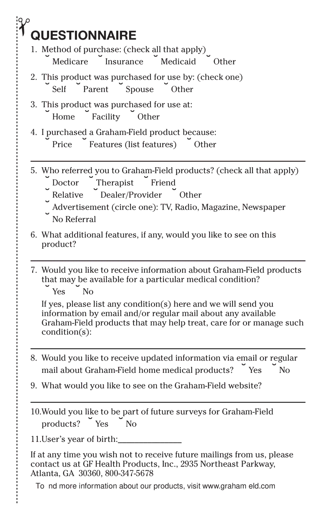 Graham Field JB0160-015B-220, JB0160-015-220, JB0160-010-220, JB0160-010B-220 user manual Questionnaire 